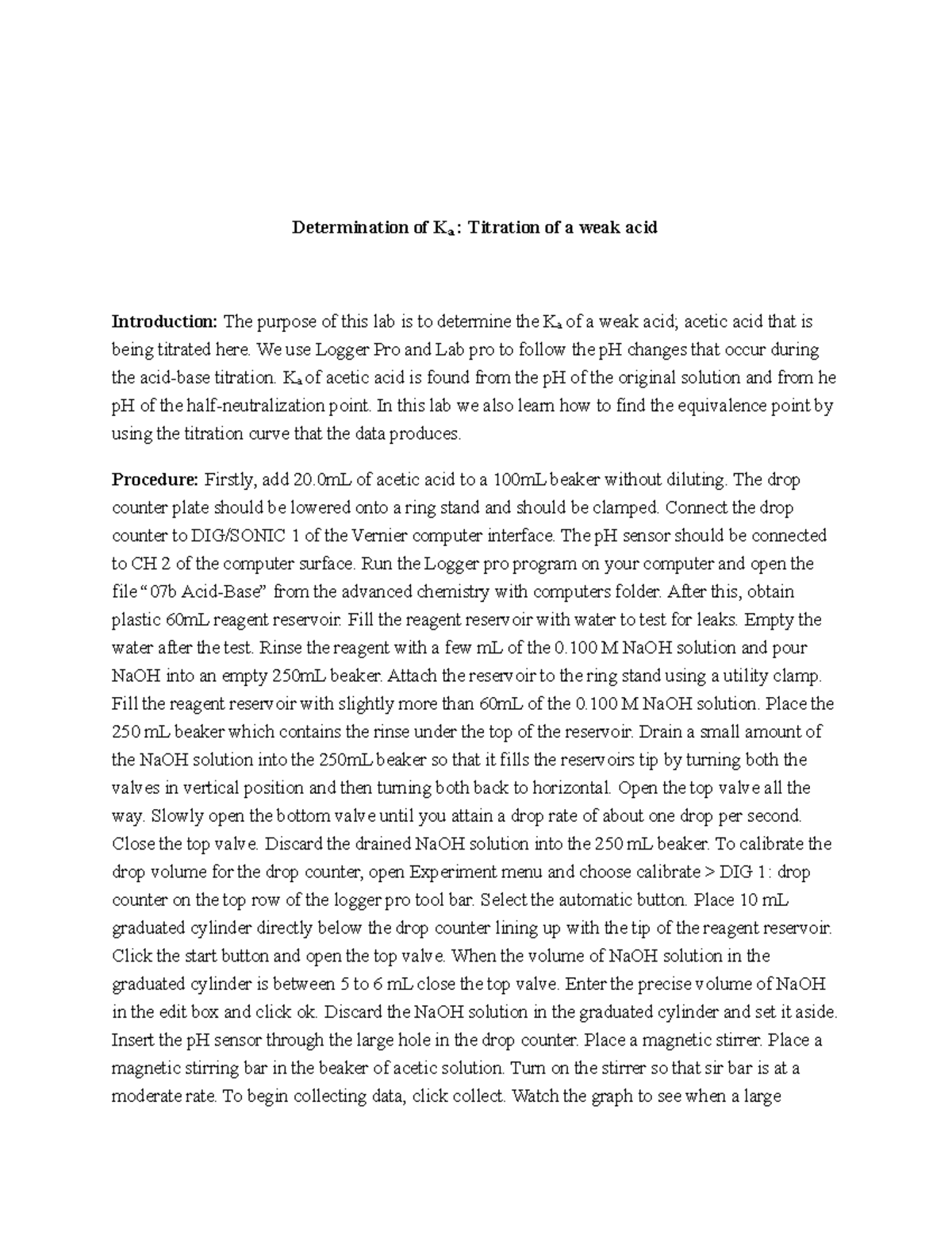 Lab Report on Determination of Ka for Acetic Acid Titration - Studocu