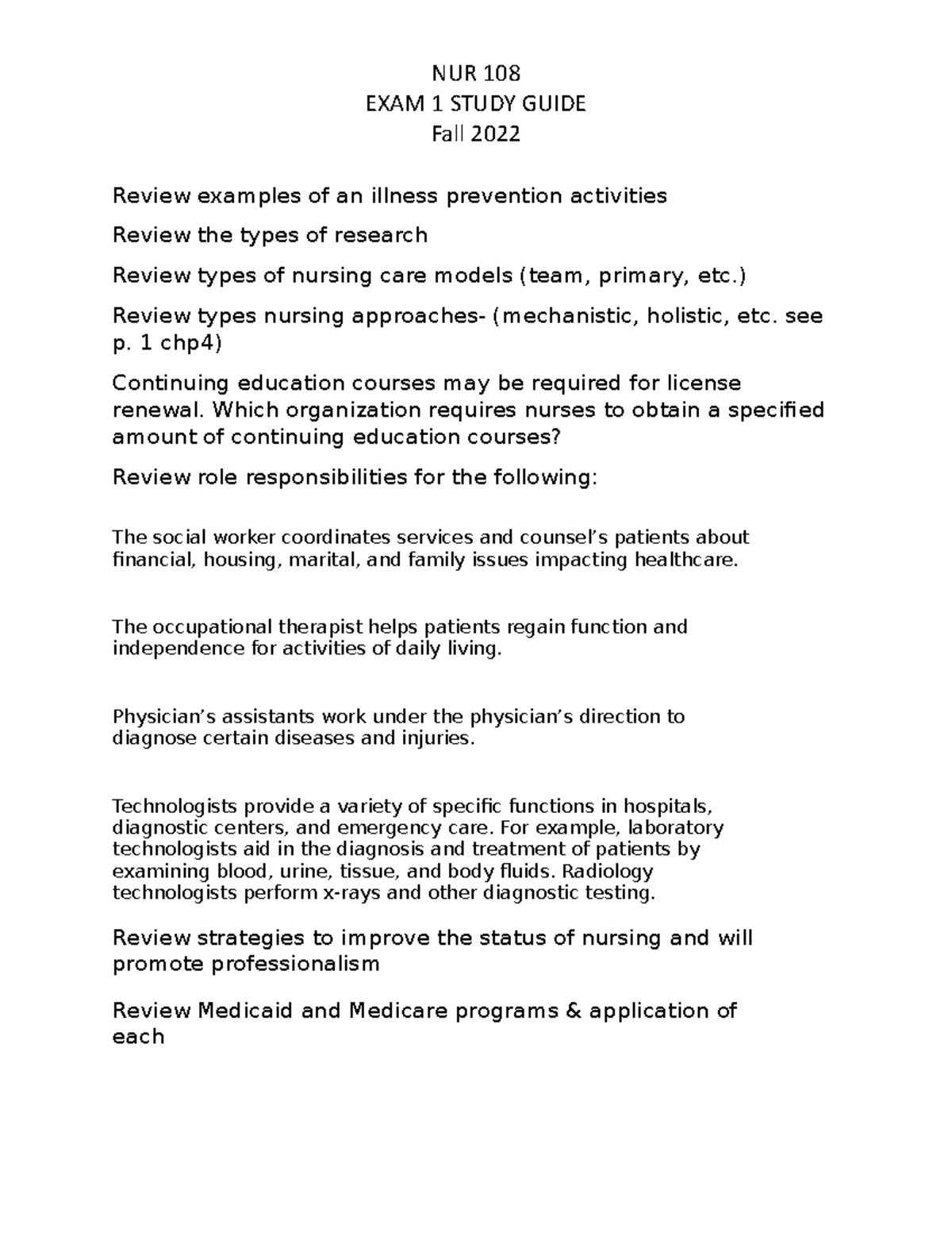 Exam 1 Study Guide for NUR 108 - Fall 2022 - Studocu
