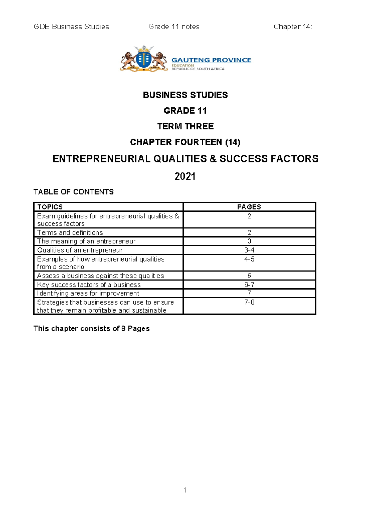 GDE Business Studies Grade 11 Notes: Term 3 Chapter 14 ...