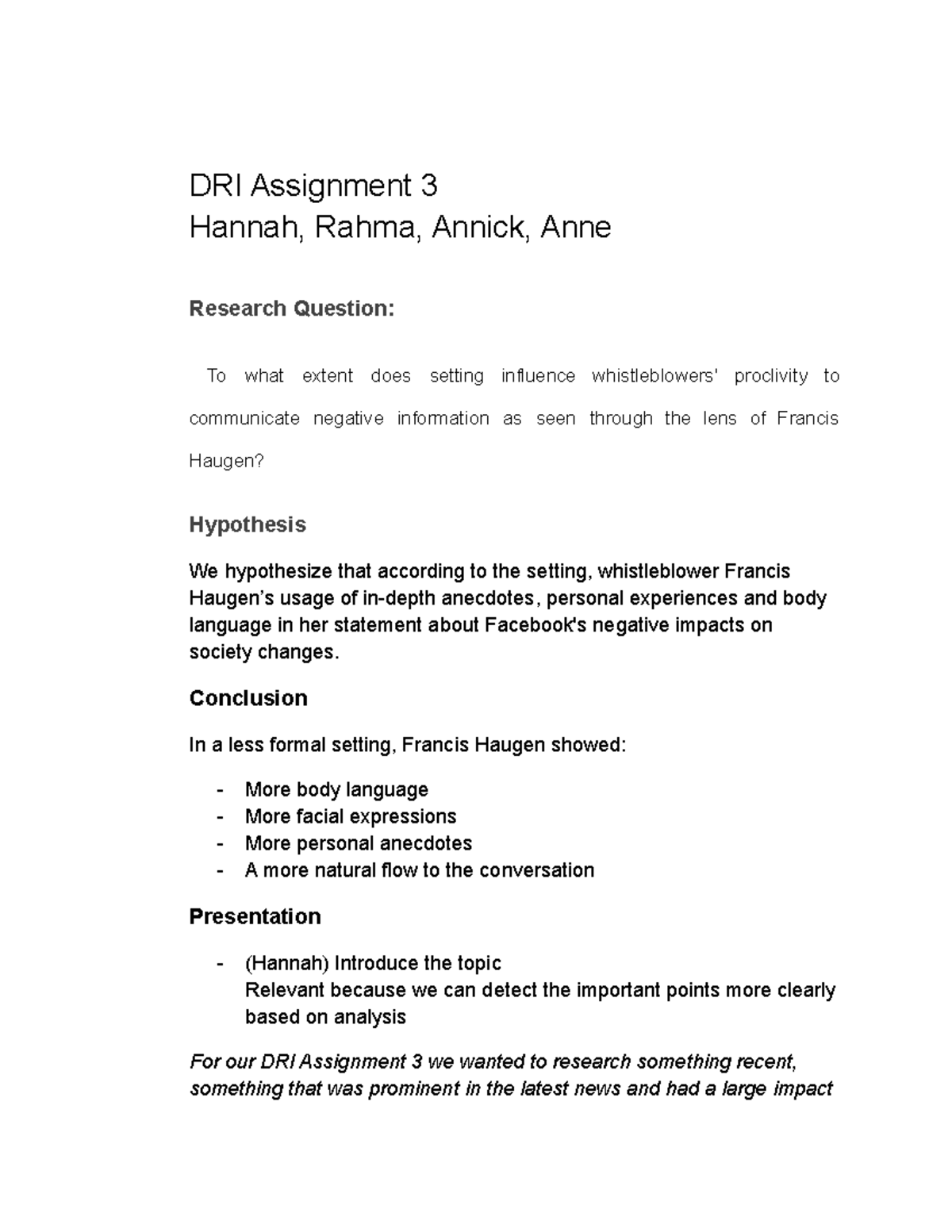 DRI Assignment 3: Analyzing the Impact of Setting on Whistleblowing ...