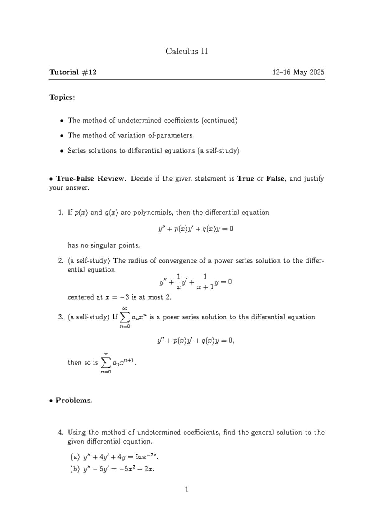 Calculus II 24-25 - Tutorial Problems on Differential Equations - Studocu
