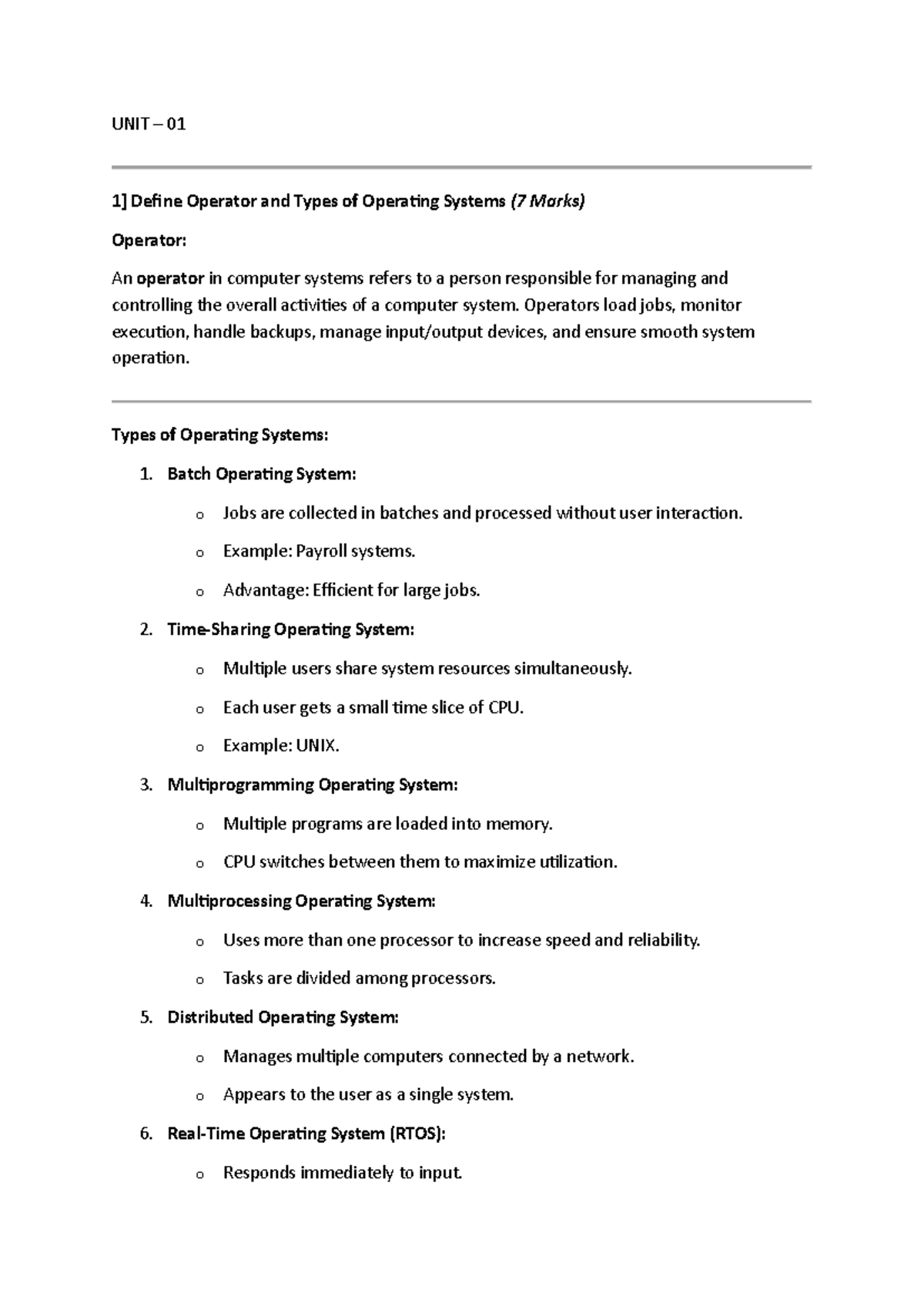 UNIT 01: Overview of Operators and Operating Systems (7 Marks) - Studocu
