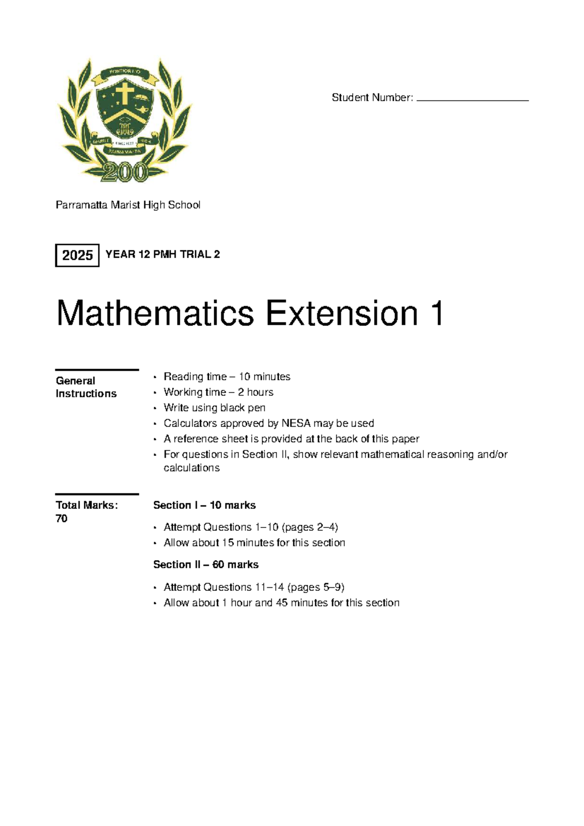 2025 PMH Trial 2 Mathematics Extension 1 - Exam Paper - Studocu