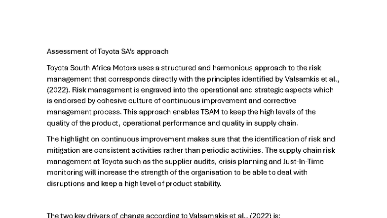Assessment of Risk Management at Toyota SA Motors (ICE 2-ST1039) - Studocu