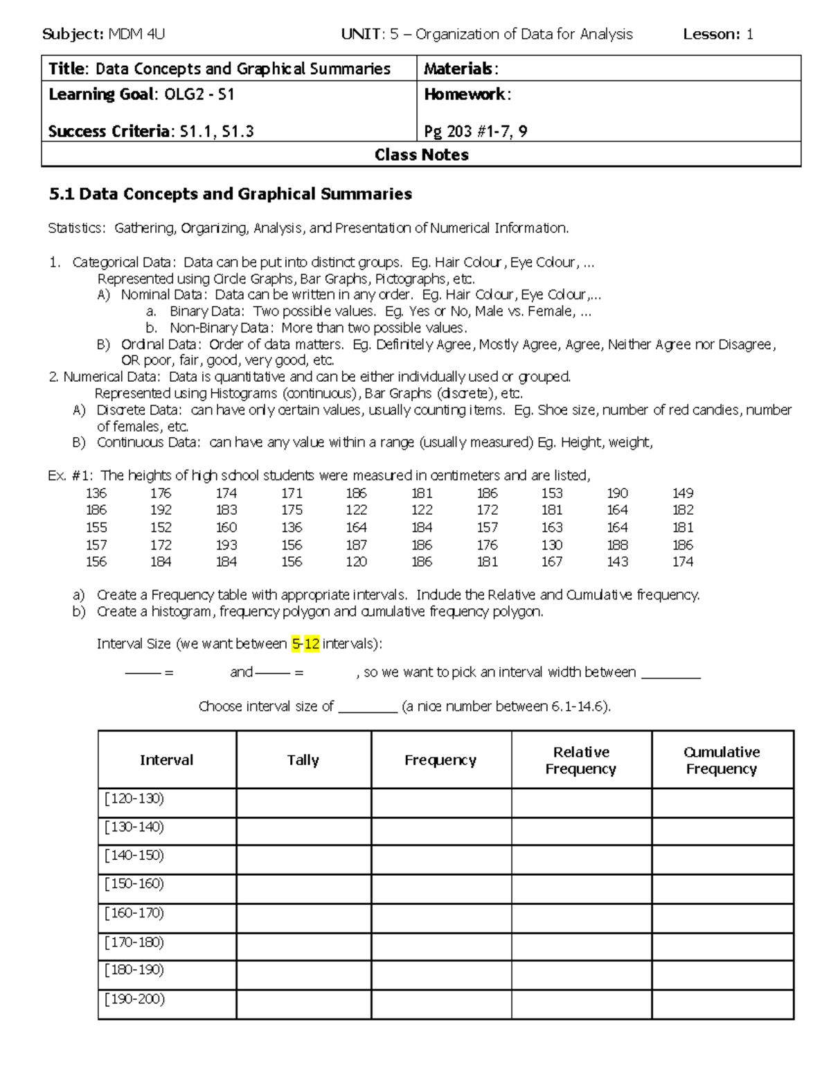 MDM 4U Unit 5: Data Concepts & Graphical Summaries Notes - Studocu