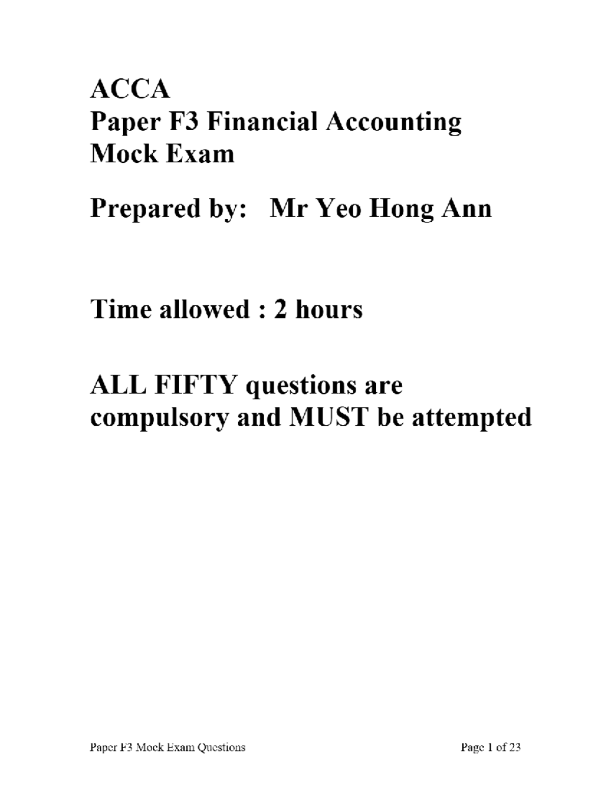 ACCA Paper F3 Financial Accounting Mock Exam Questions - Studocu