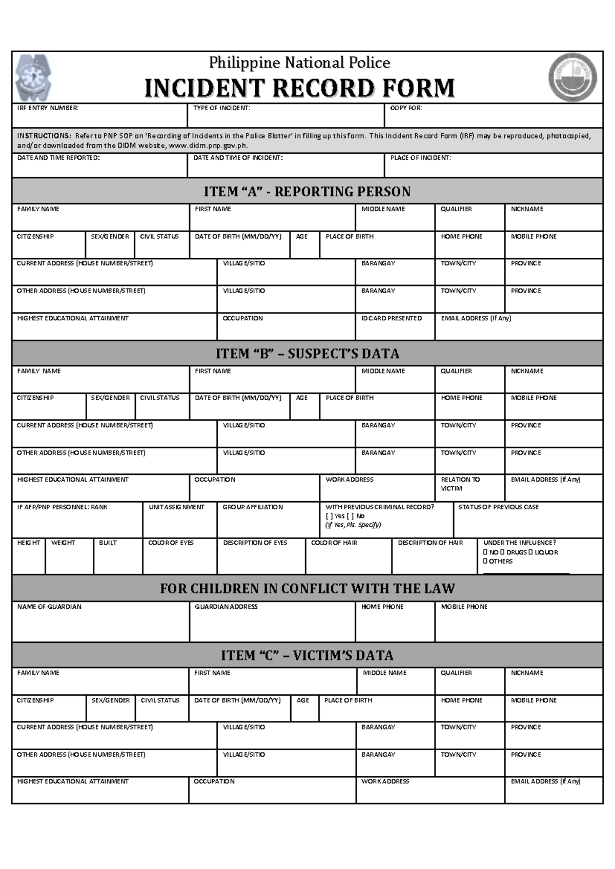 Revised incident record form for Philippine National Police ...