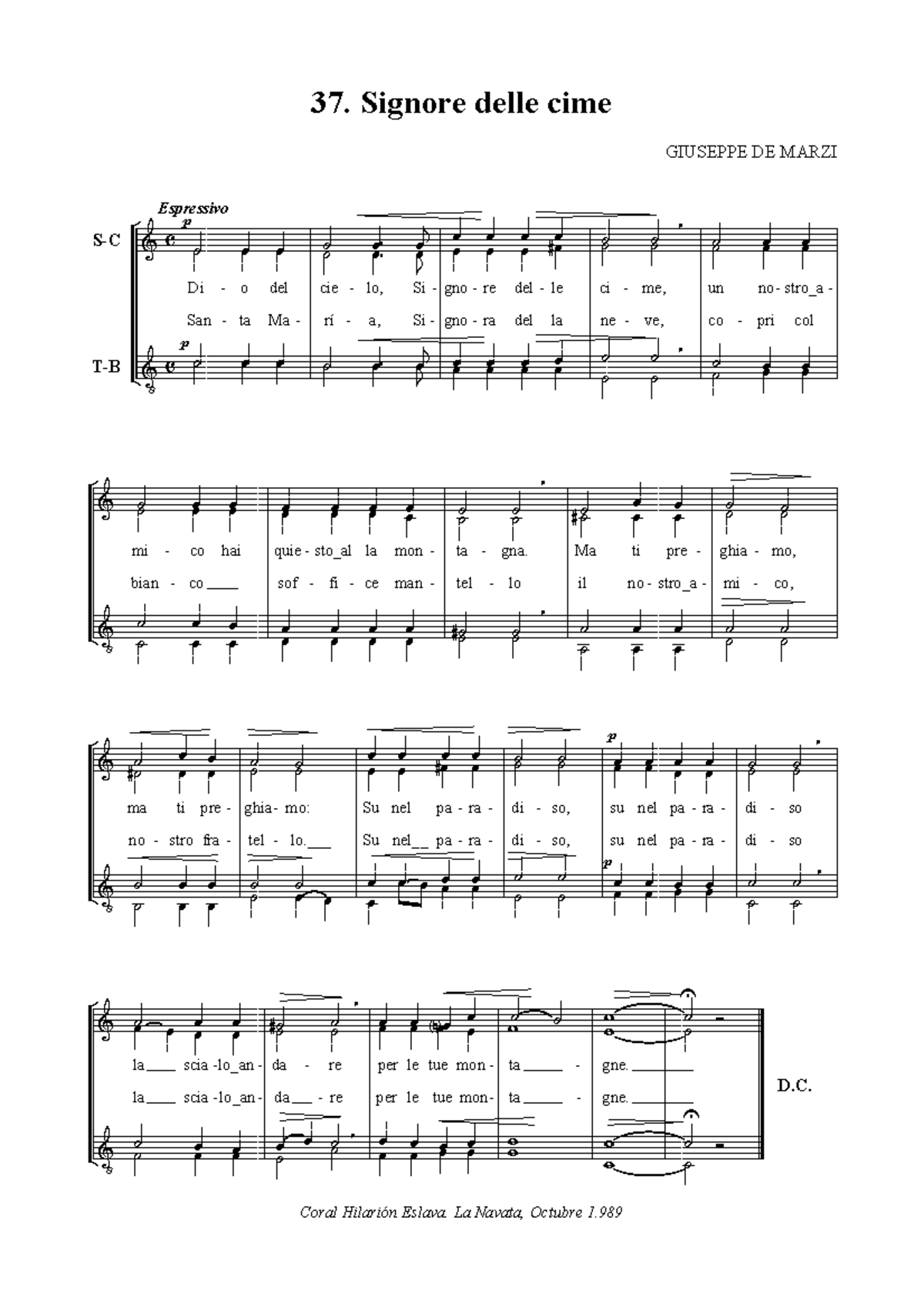 Signore Delle Cime Coro Di Giuseppe De Marzi Studocu