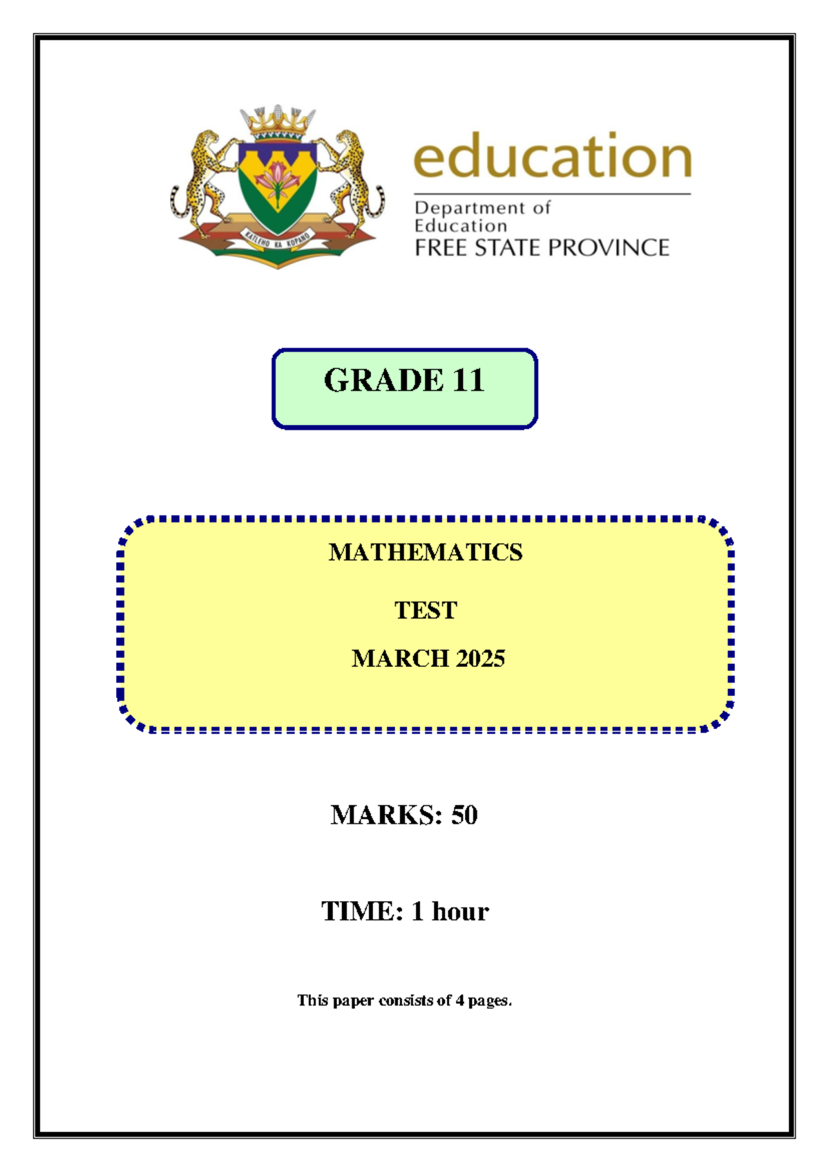 Grade 11 Mathematics Test - March 2025 (FS) - Marks: 50 - Studocu