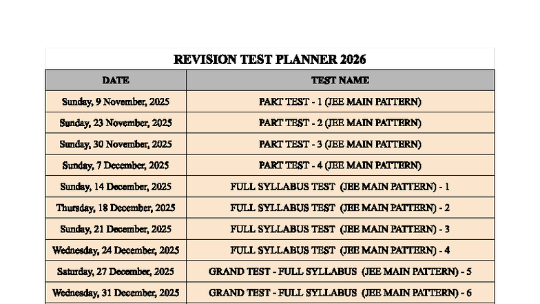 TEST Planner 2026: JEE Main Pattern Schedule - Studocu