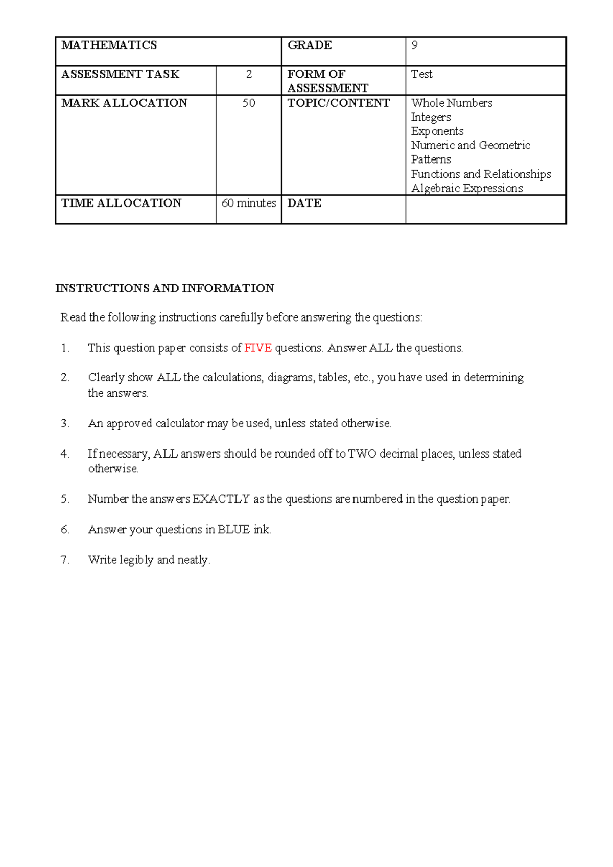 Grade 9 Mathematics Term Test 1 2026: Whole Numbers & Algebra - Studocu