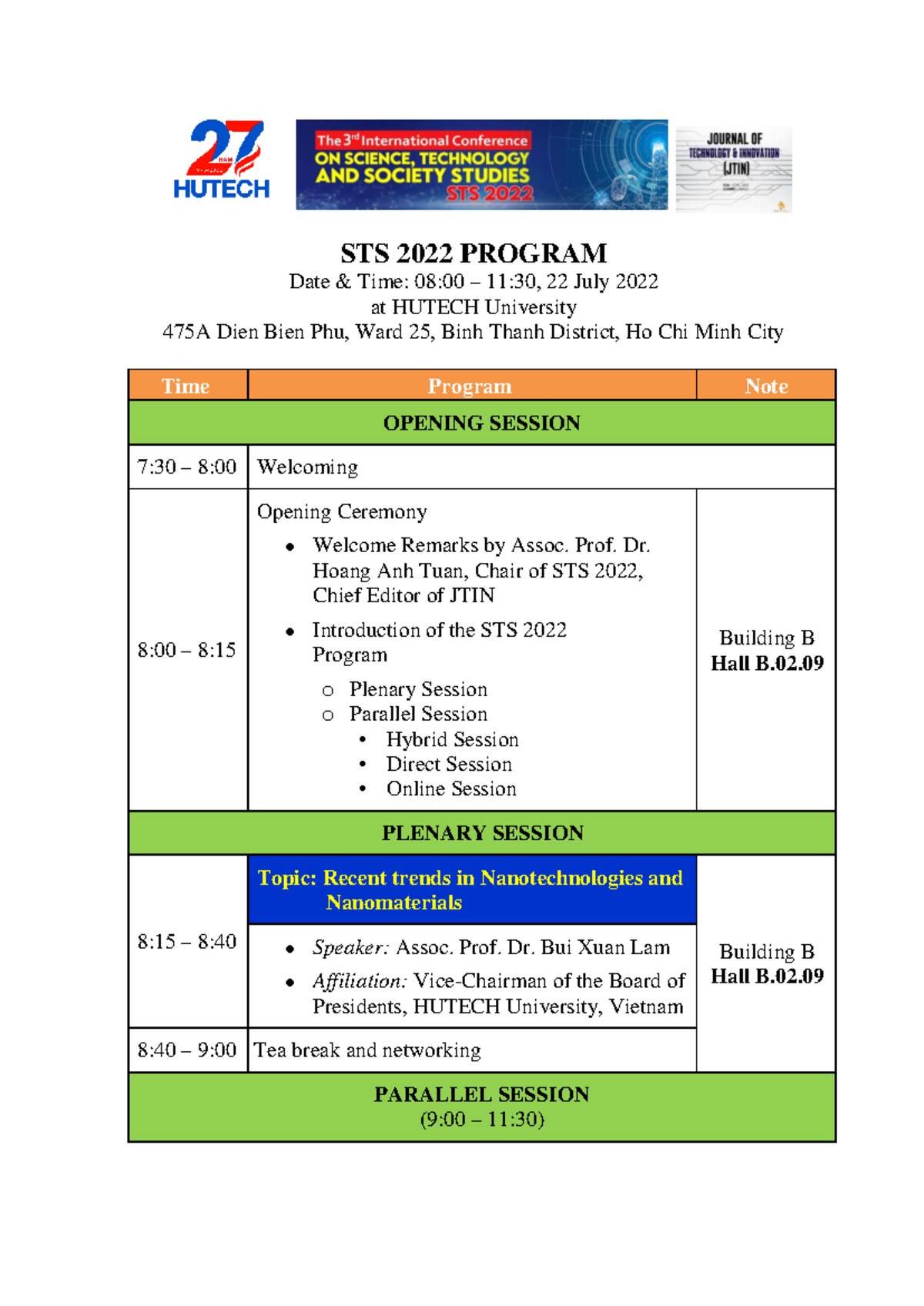 STS 2022 Program Overview and Schedule at HUTECH University - Studocu