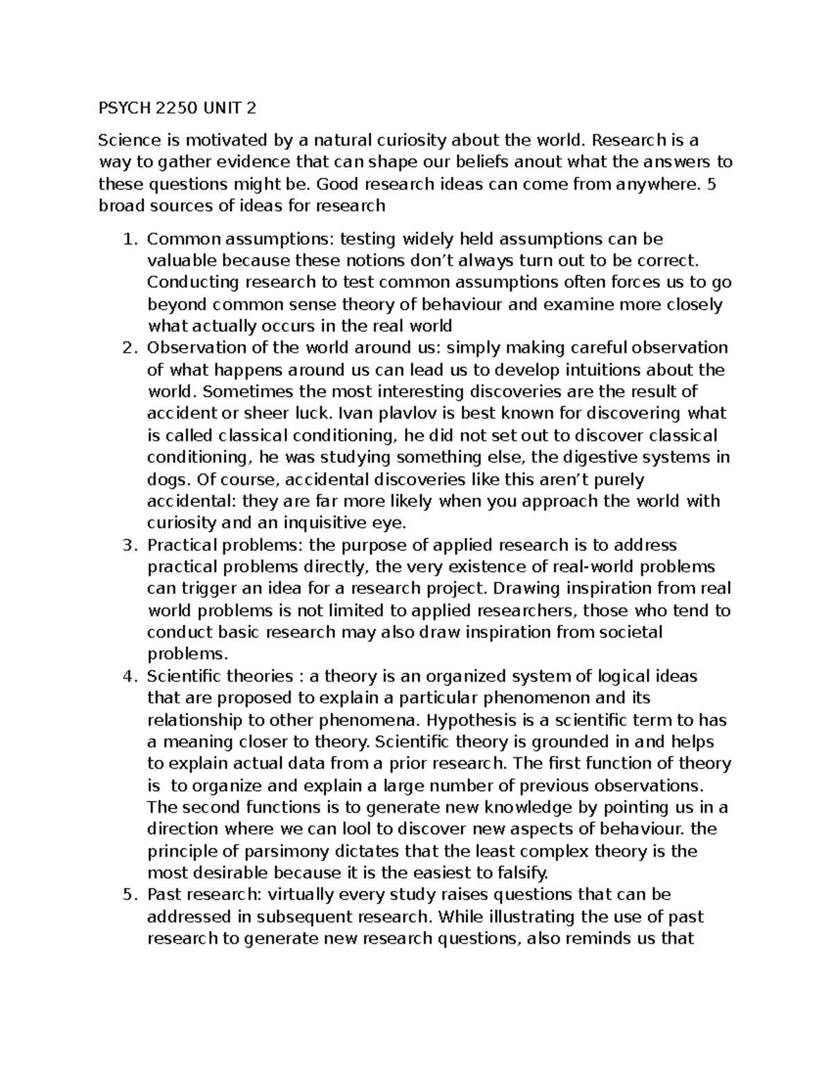 PSYCH 2250 UNIT 2 - Research Ideas and Methodology Notes - Studocu