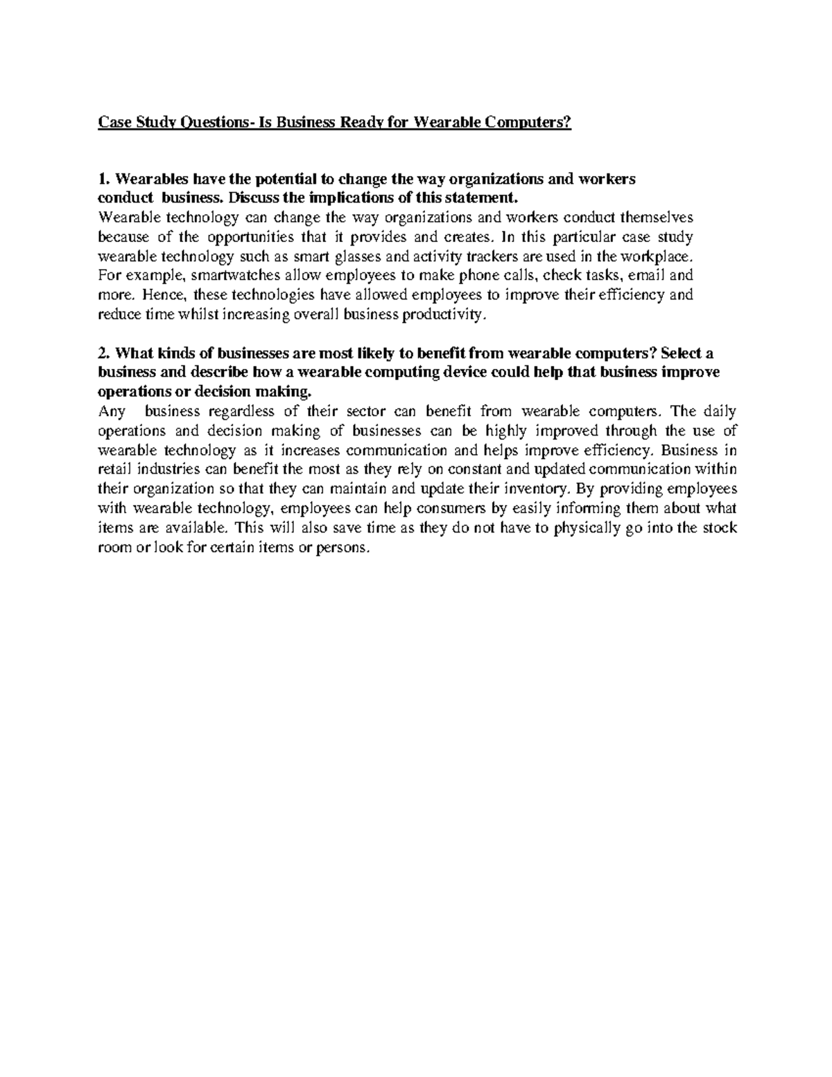 Case Study: Business Readiness for Wearable Computers - Studocu