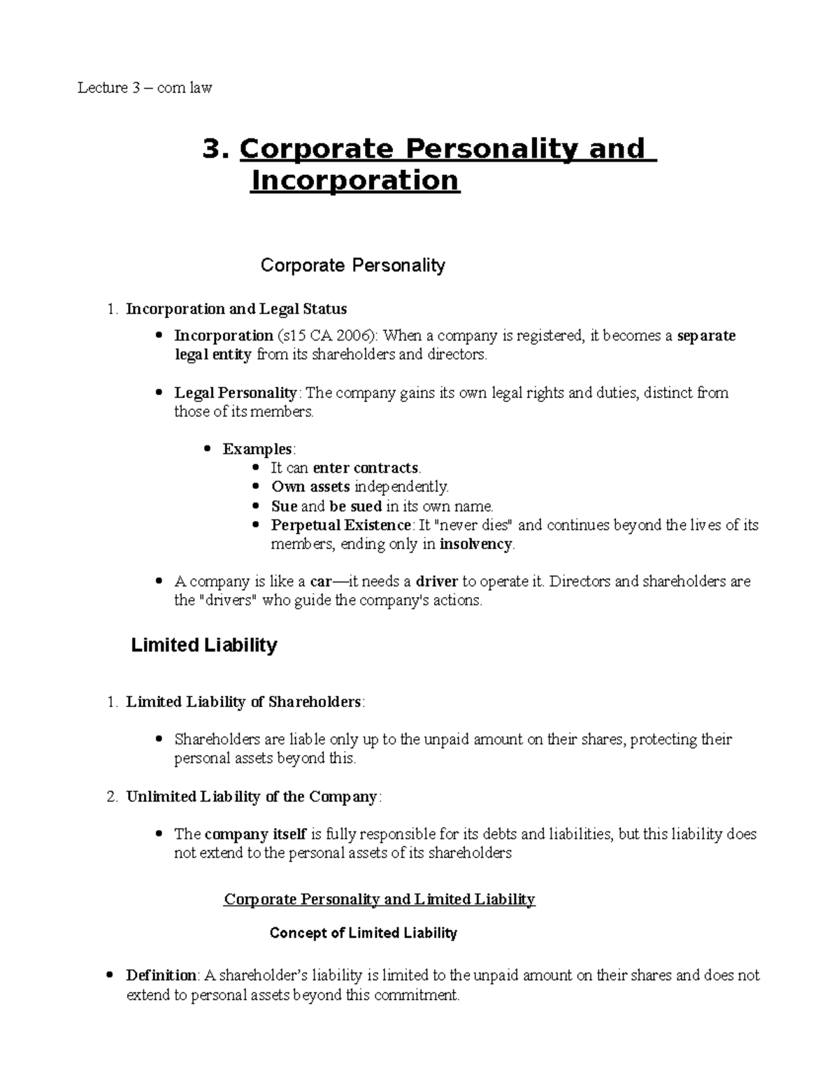 Com Law 3 - Corporate Personality and Limited Liability Overview - Studocu