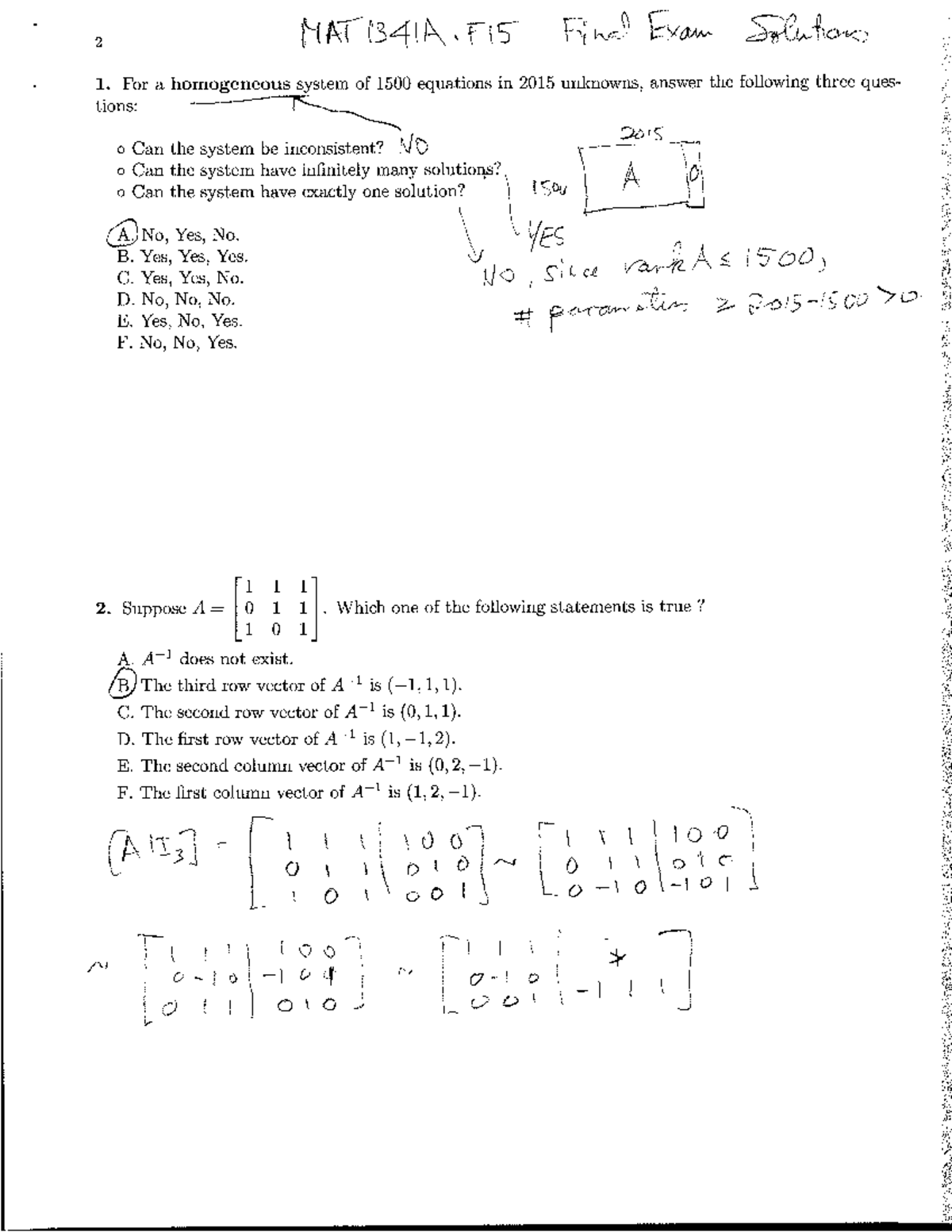Final Exam 2015: Questions & Answers on Linear Algebra Concepts - Studocu