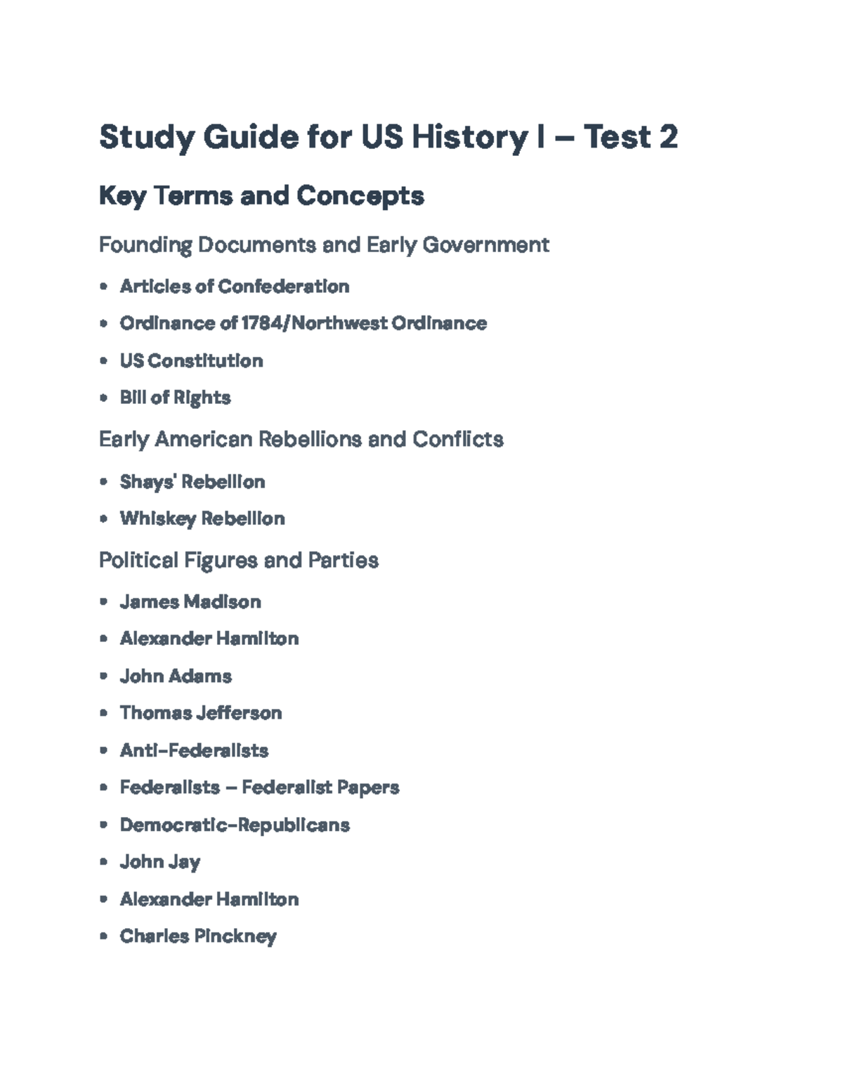 Study Guide for US History I - Test 2: Key Terms and Themes - Study ...