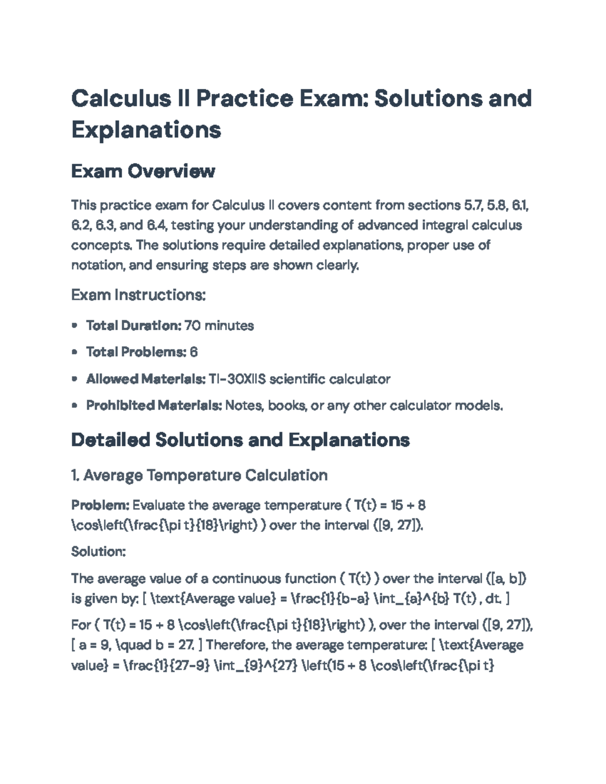 Calculus II Practice Exam: Solutions for Sections 5.7 to 6.4 - Calculus ...