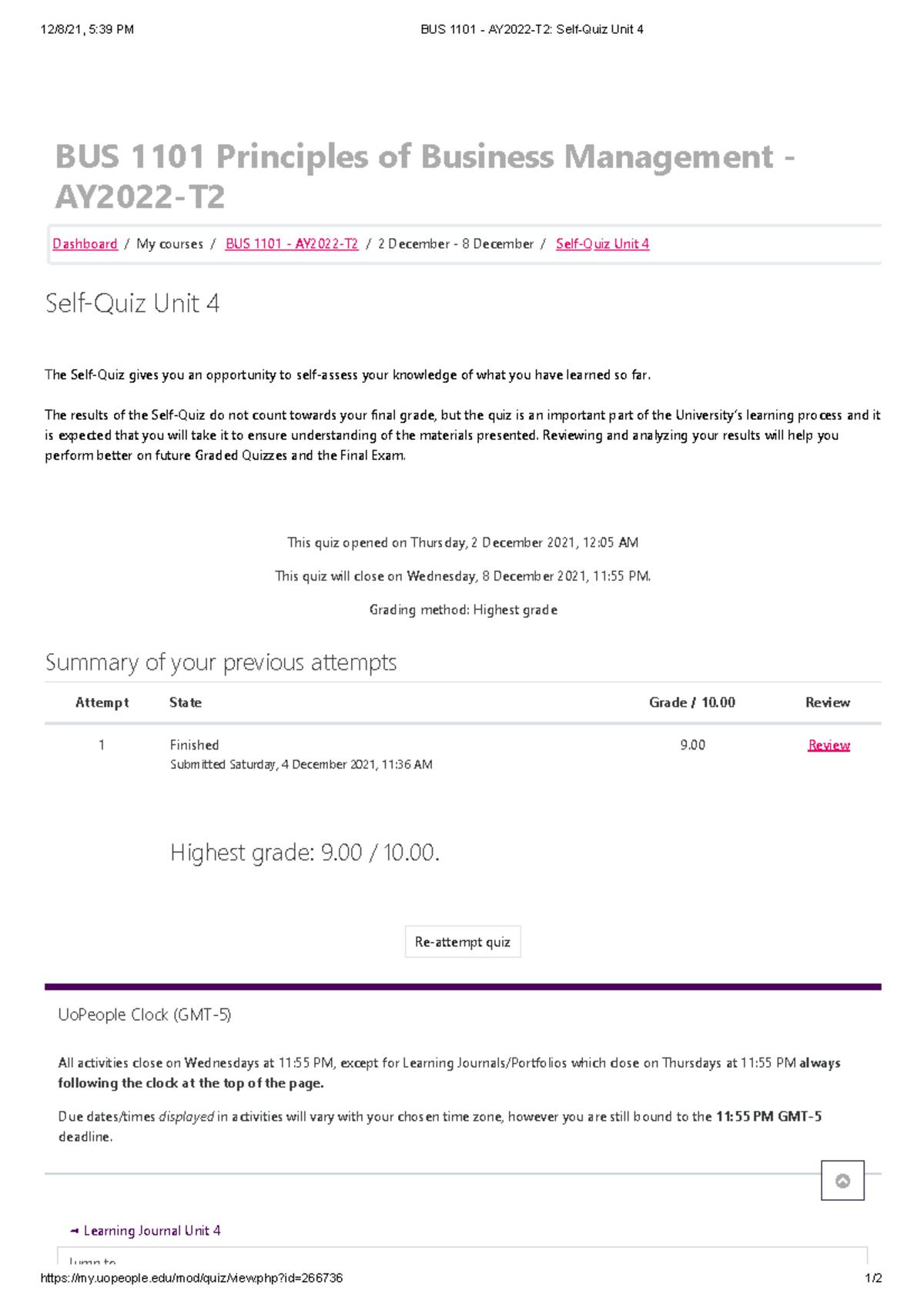 BUS 1101 - AY2022-T2 Self-Quiz Unit 4 - uopeople/mod/quiz/view.php?id ...