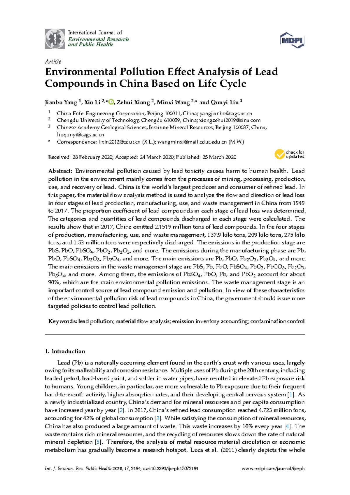 Environmental Pollution Analysis of Lead Compounds in China (Ijerph 17 ...