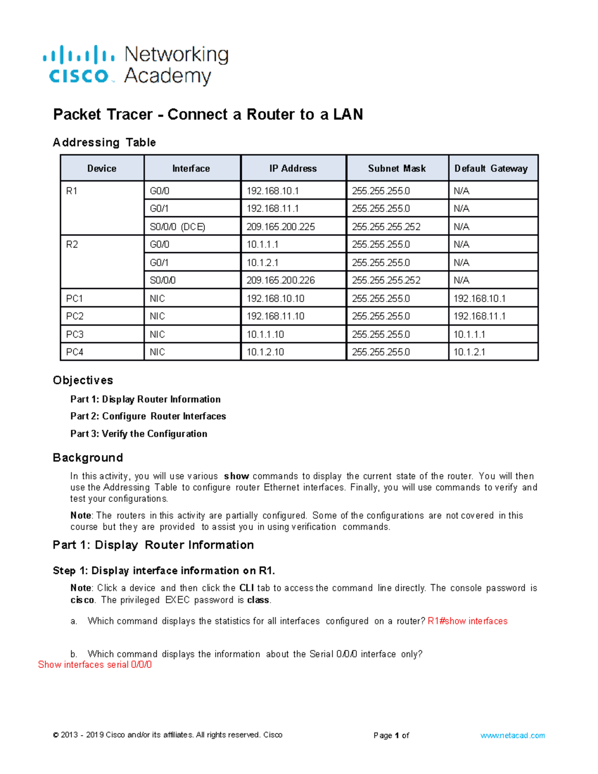 Packet Tracer Lab: Configuring Router to LAN (Course Code: 10) - Studocu