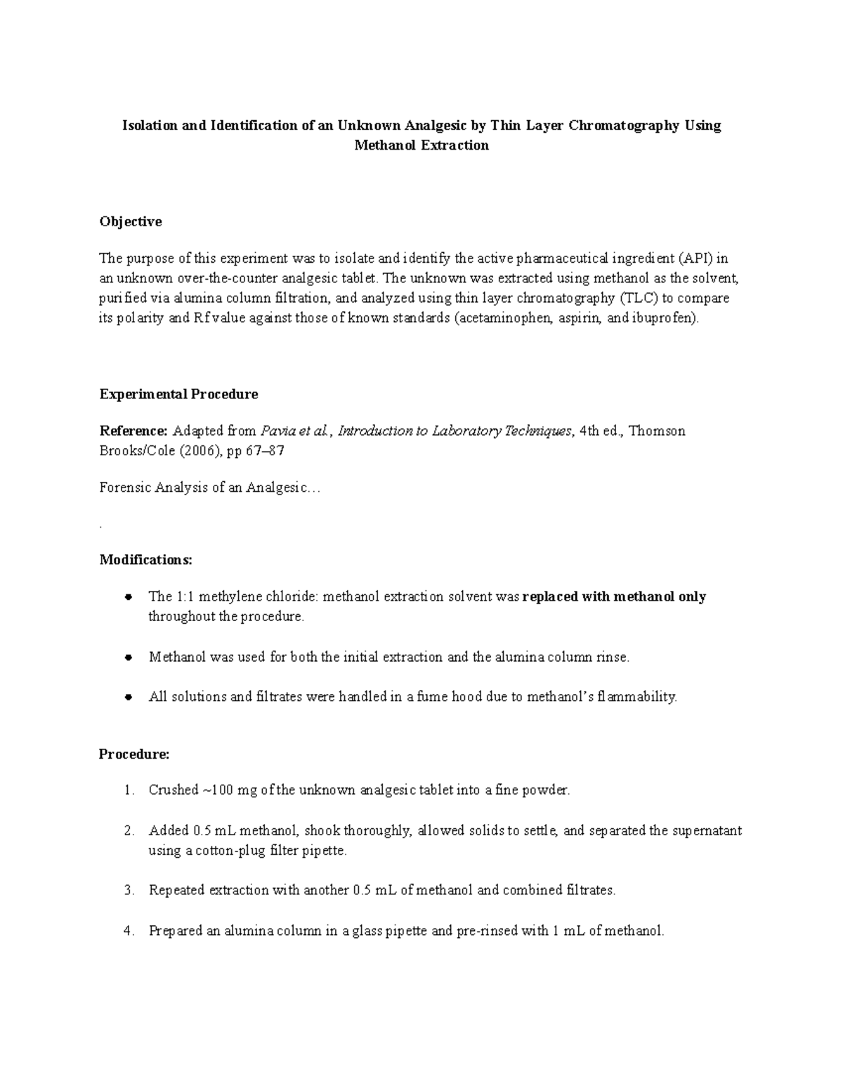 CHEM 2203 Lab: Isolation & Identification of Unknown Analgesic via TLC ...