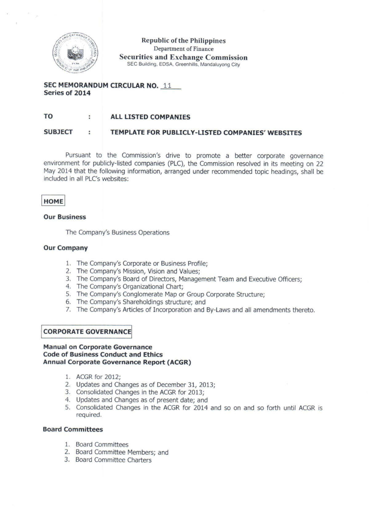 SEC Memorandum Circular No. 11, Series of 2014: Website Template ...