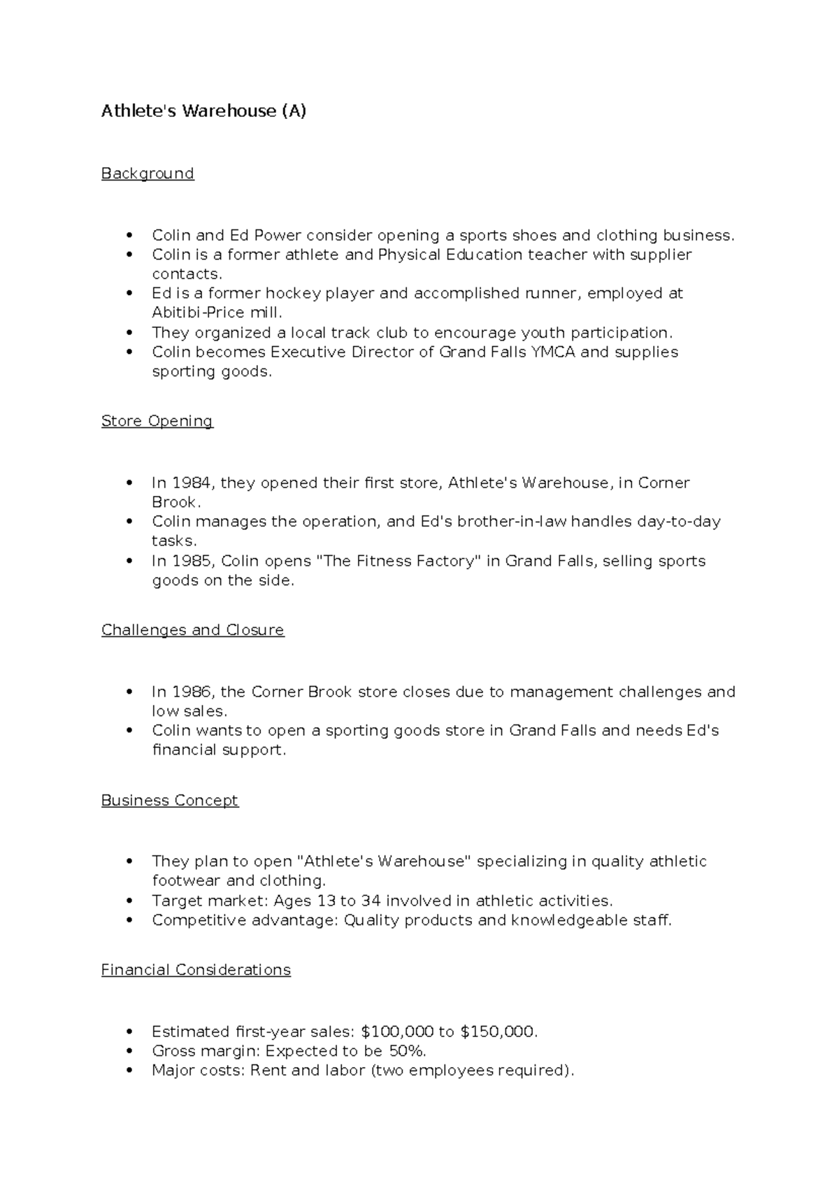 Unit 5 Case Study - Athlete Warehouse Business Strategy Analysis - Studocu