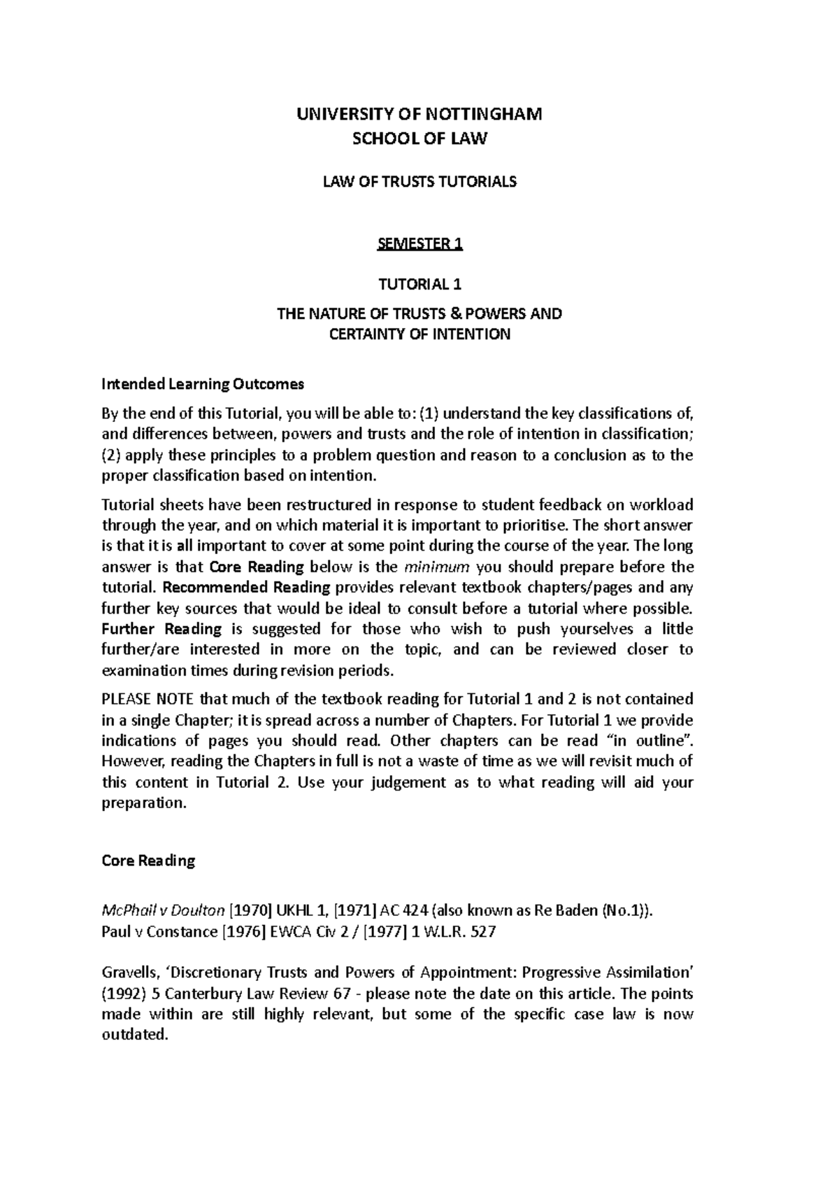 LAW1340 Tutorial 1: Nature of Trusts & Certainty of Intention - Studocu