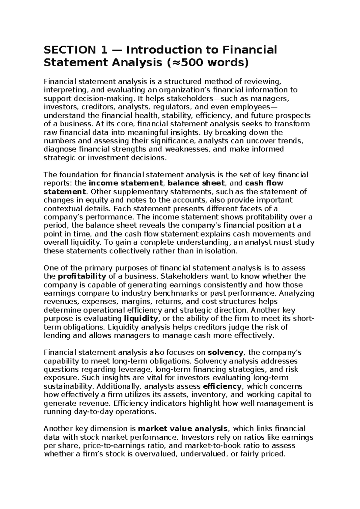 Financial Statement Analysis: A Comprehensive Overview (FIN 101) - Studocu