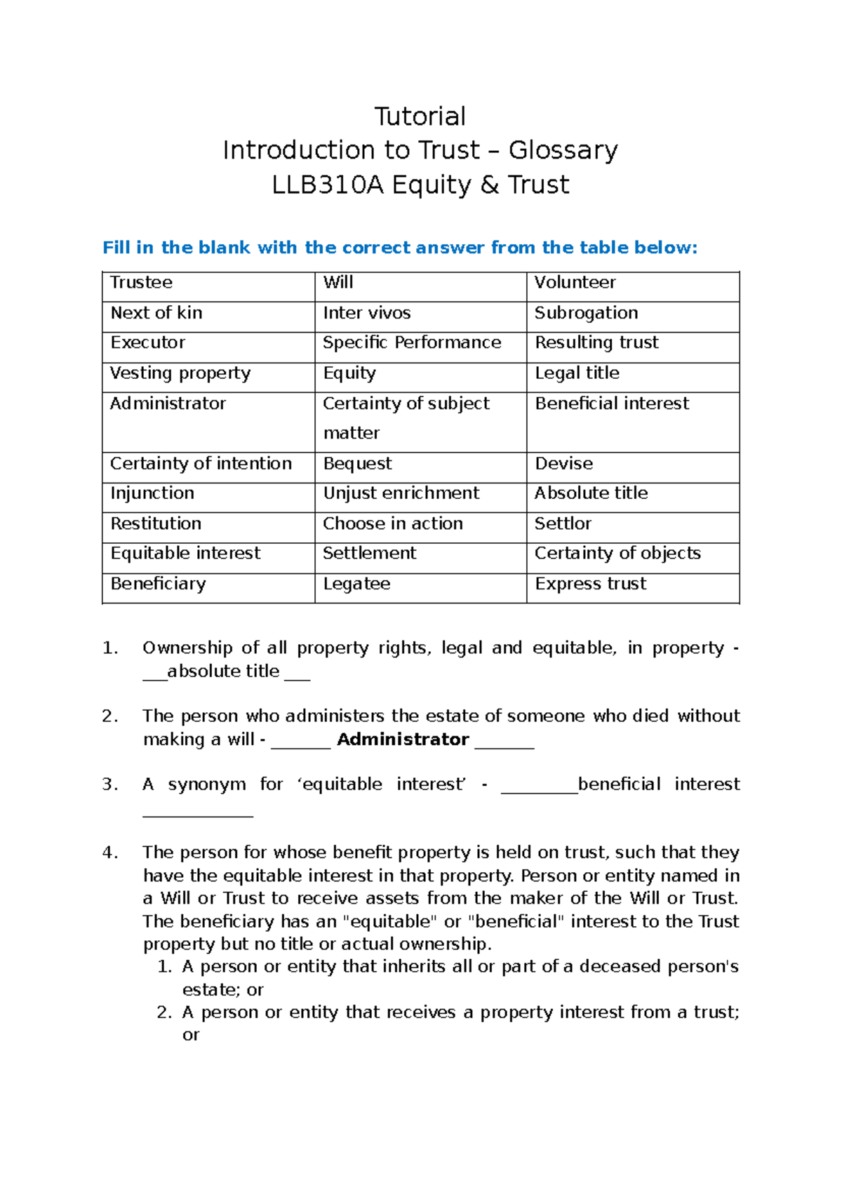 Glossary of Key Terms in Equity and Trusts LLB310A - Studocu