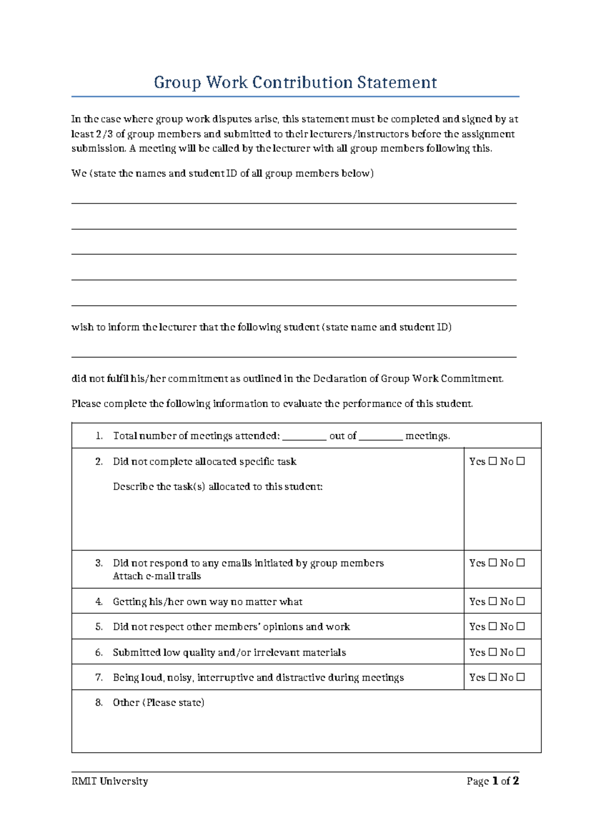 RMIT Group Work Contribution Statement for Dispute Resolution - Studocu