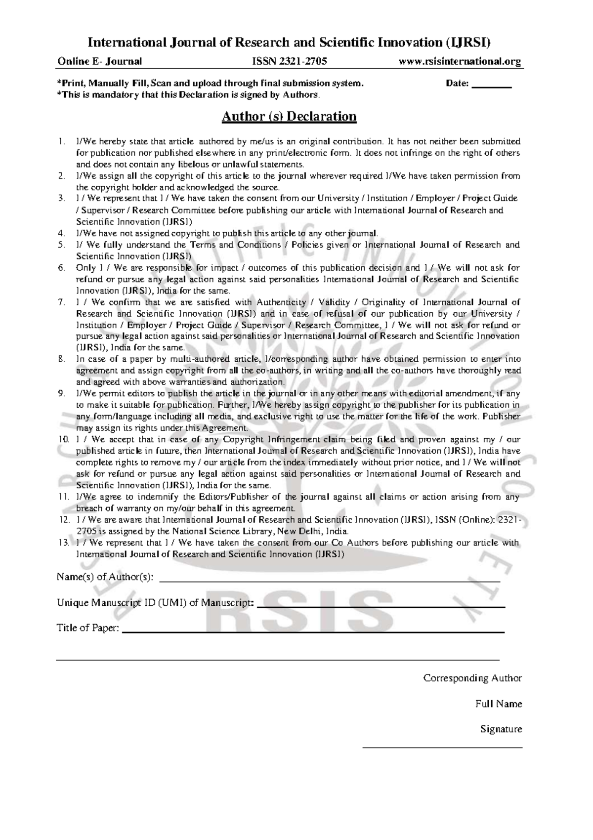 Author's Declaration for IJRSI Publication Submission - Studocu