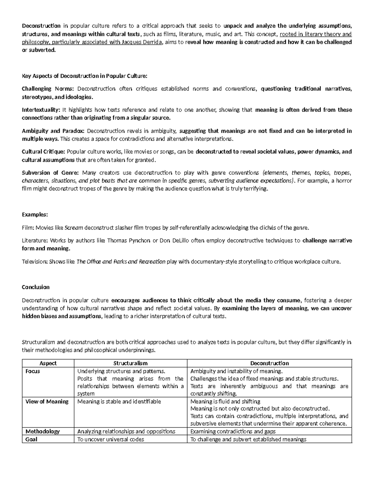 Deconstruction and Popular Culture: Analyzing Cultural Texts - Final ...
