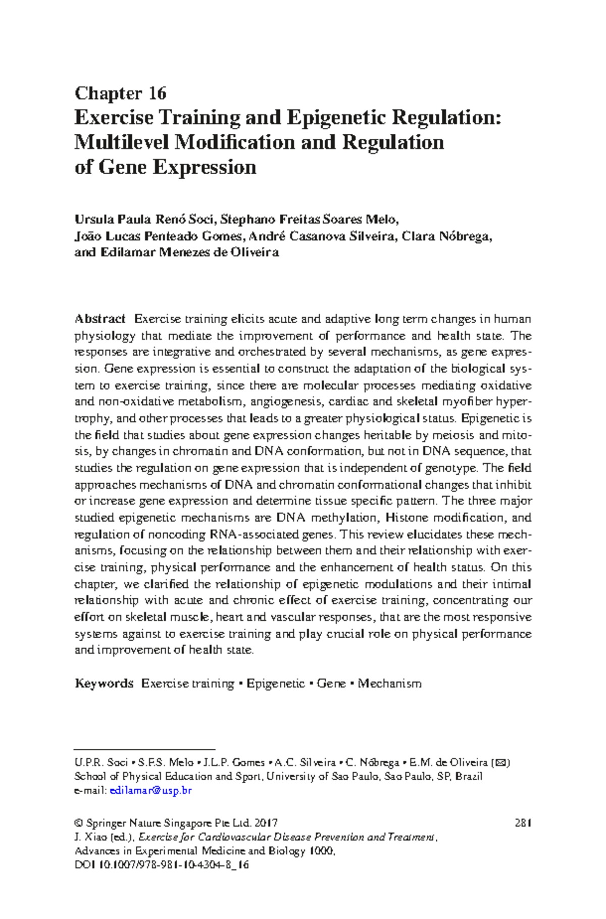 Chapter 16: Exercise Training & Epigenetic Regulation (U.P.R. Soci et ...