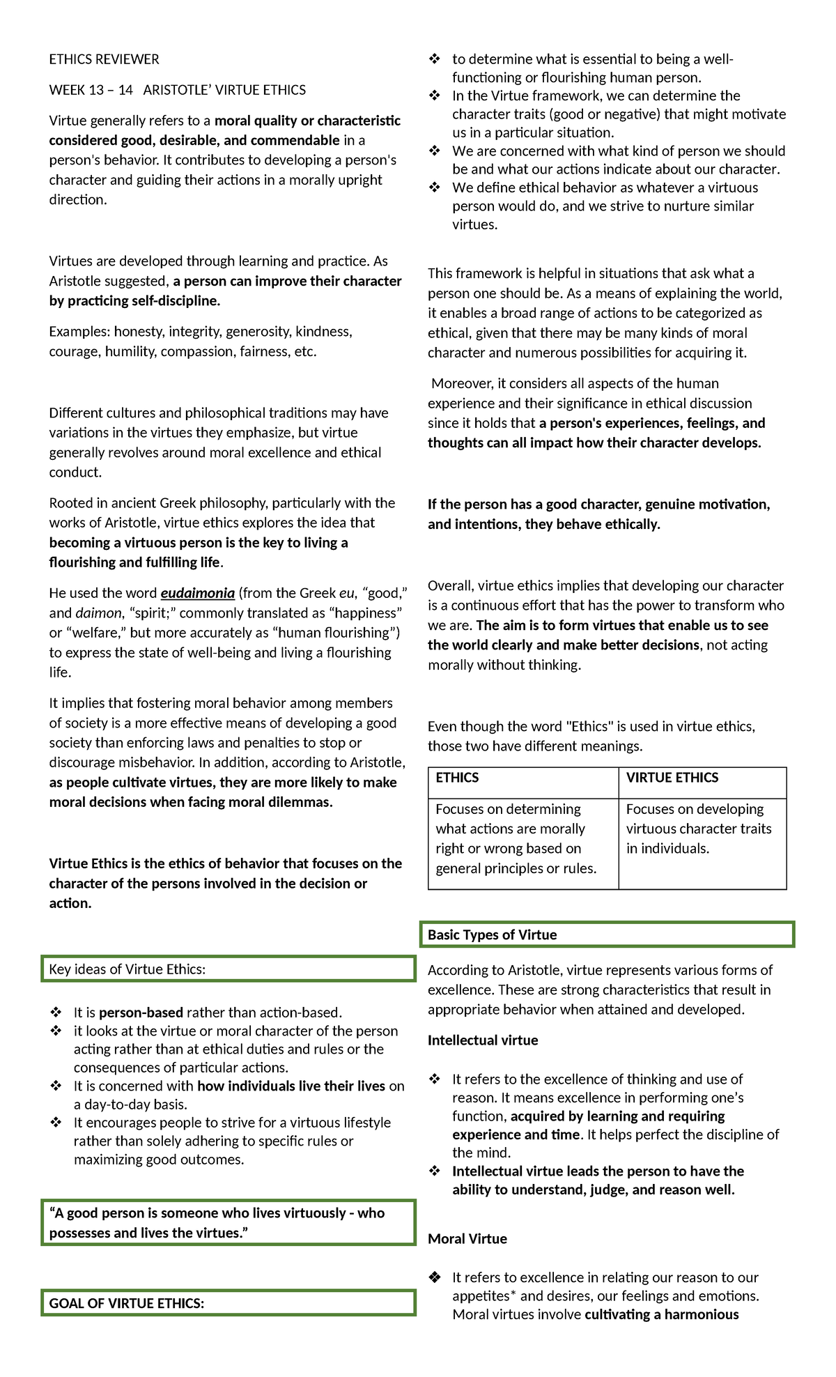 Ethics Review: Week 13-14 Overview of Aristotle's Virtue Ethics - Studocu