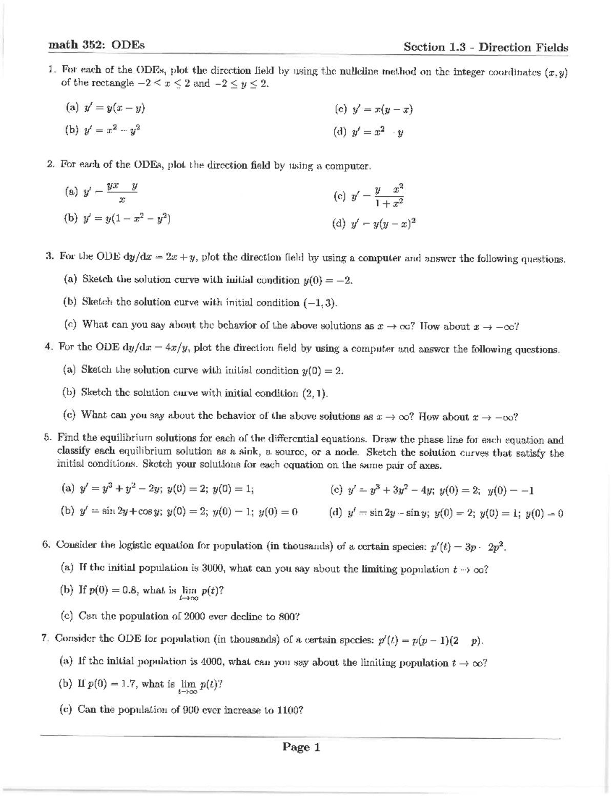 Math 352: ODEs - Section 1.3 Direction Fields Solutions - Studocu