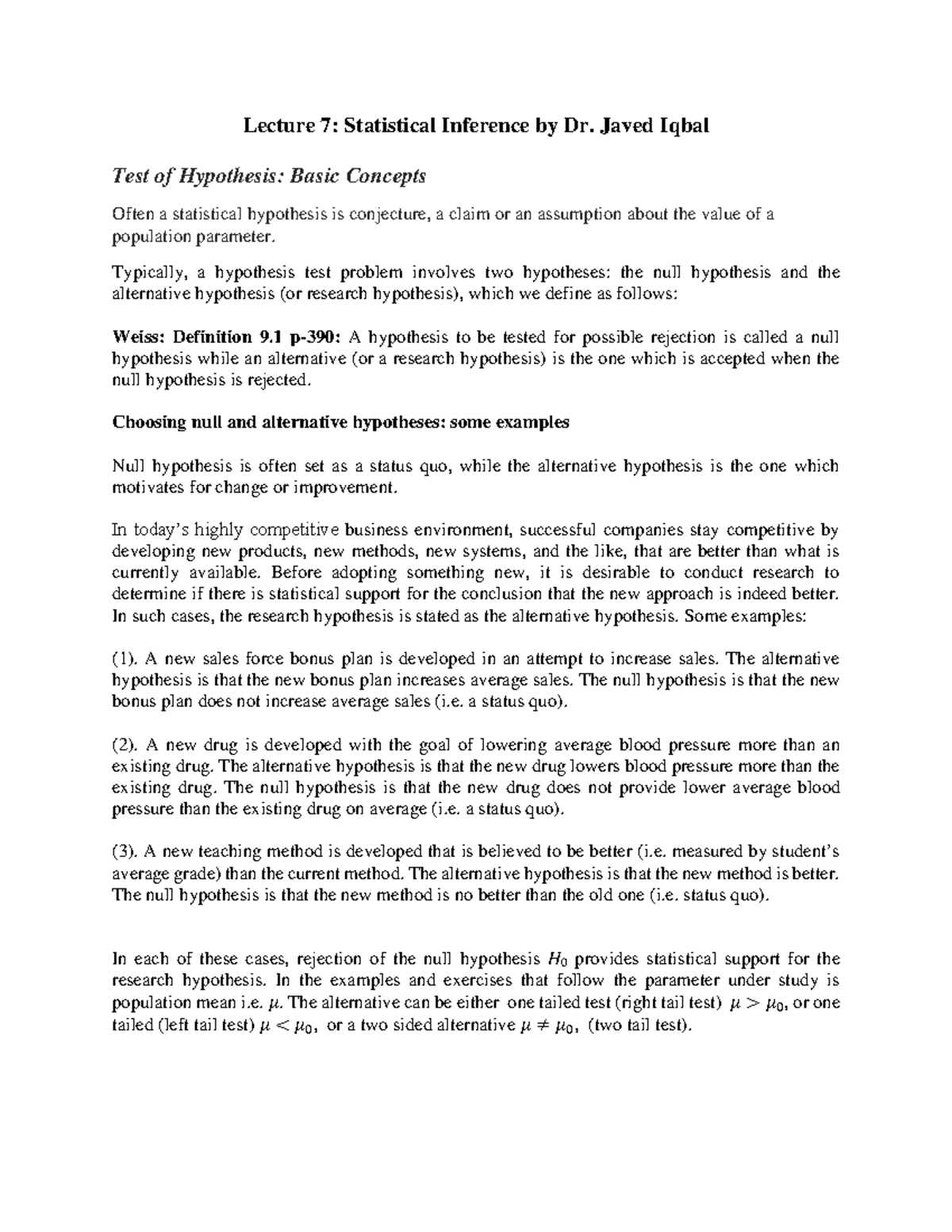 Lecture 7 - statistical inference notes - Lecture 7: Statistical ...