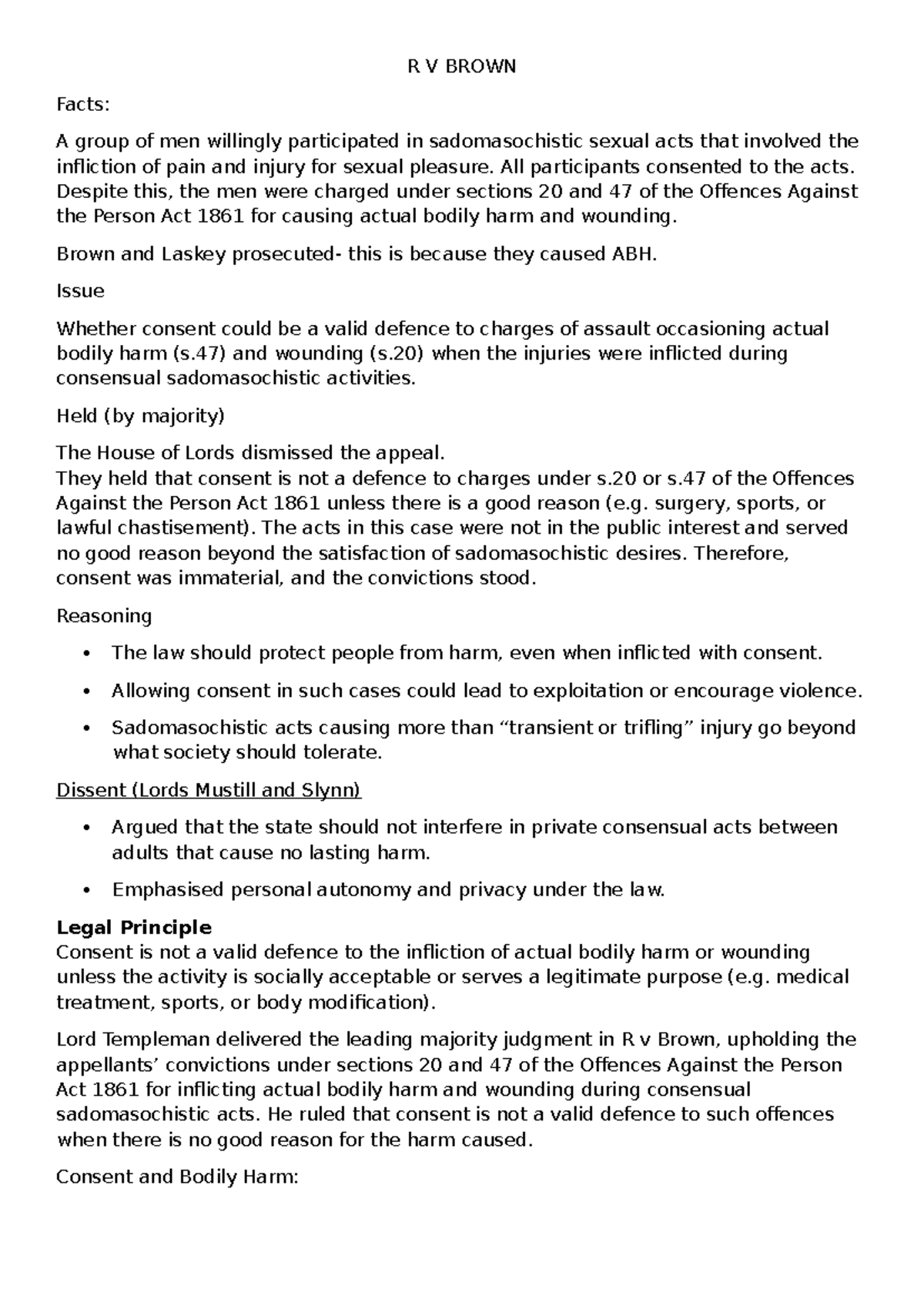 R V Brown: Consent and Bodily Harm in Sadomasochistic Acts - Studocu