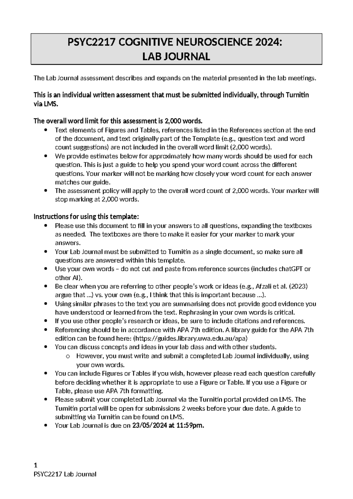 PSYC2217 Lab Journal Template for Cognitive Neuroscience 2024 - Studocu