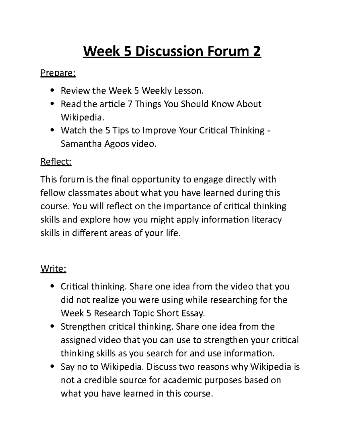 ENG 101: Week 5 Discussion Forum 2 on Critical Thinking & Literacy ...