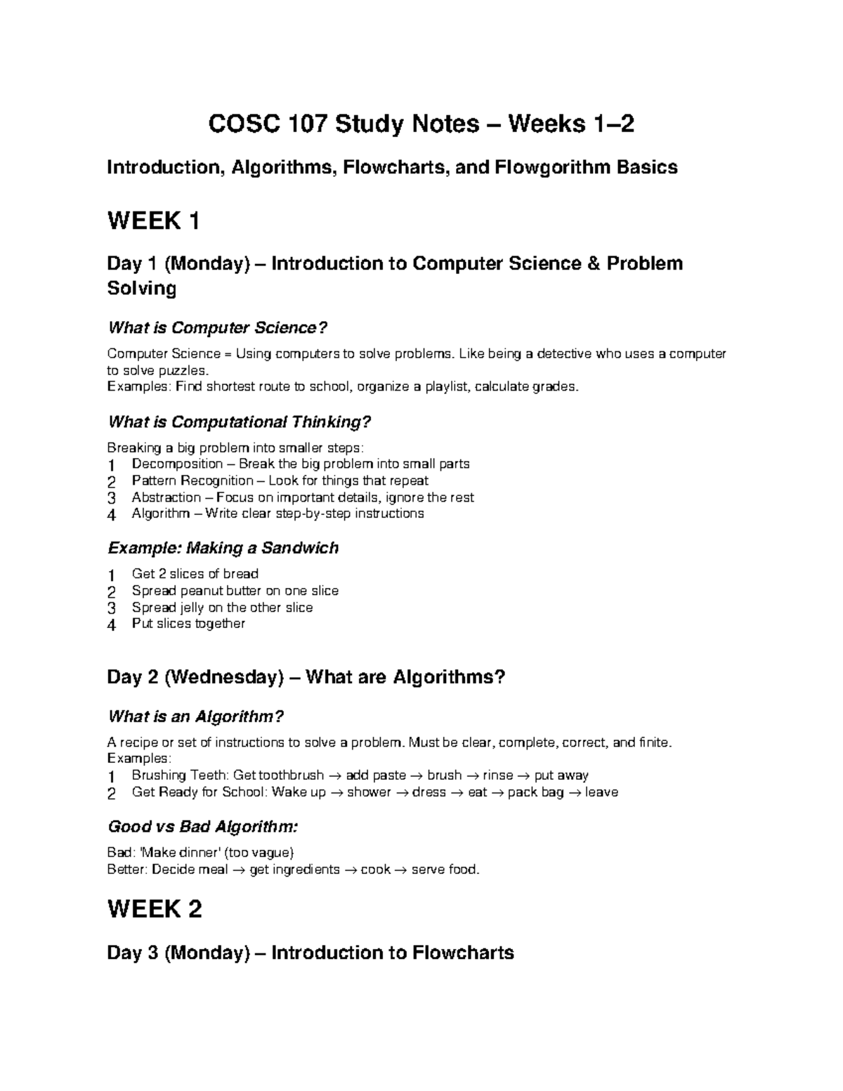 COSC 107 Study Notes: Intro to CS, Algorithms & Flowcharts - Studocu
