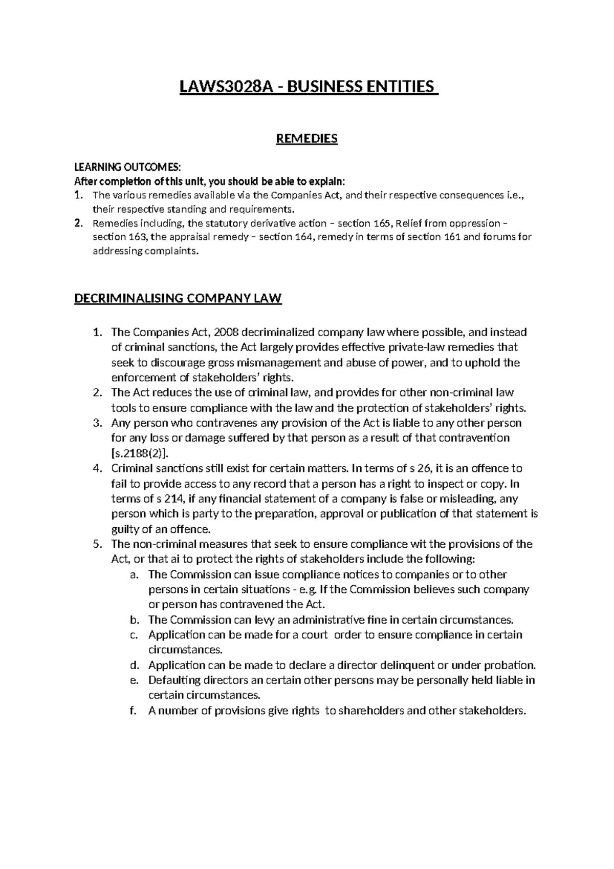 LAWS3028A - Business Entities: Study Notes on Remedies in Company Law ...
