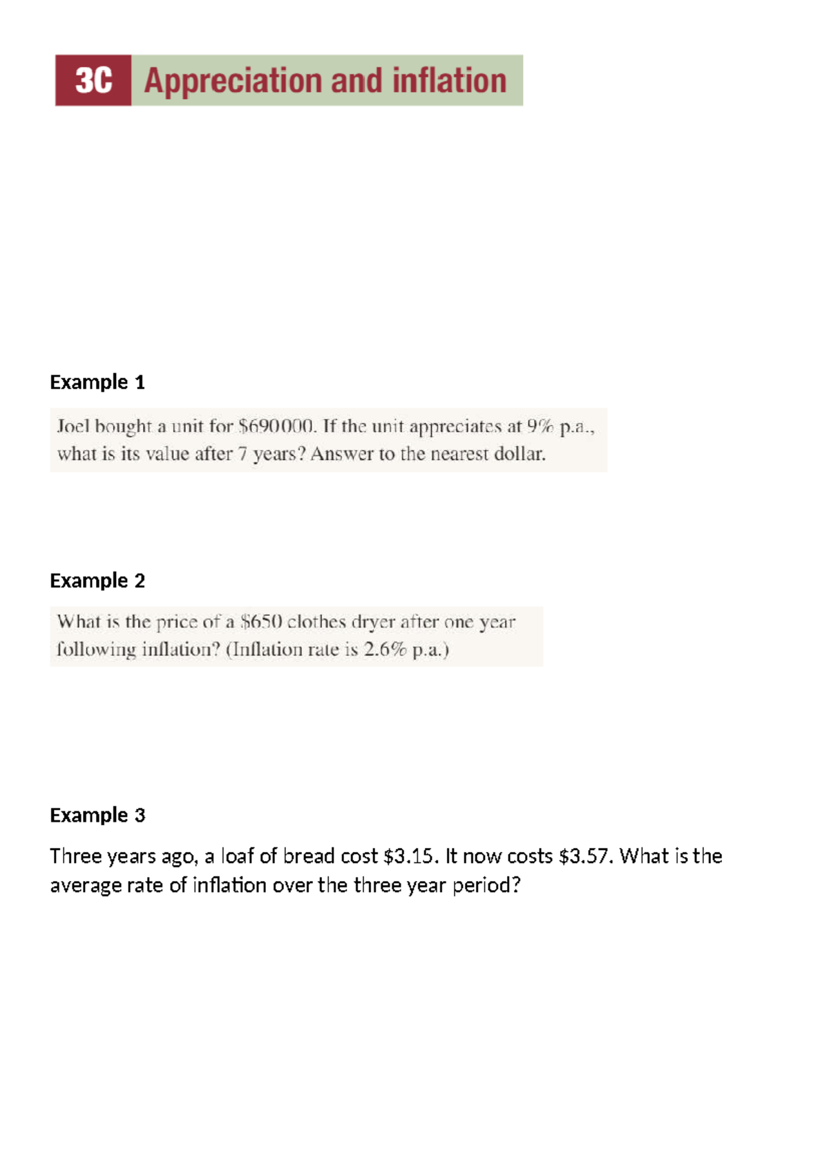 Appreciation and Inflation - Example 1 Example 2 Example 3 Three years ...