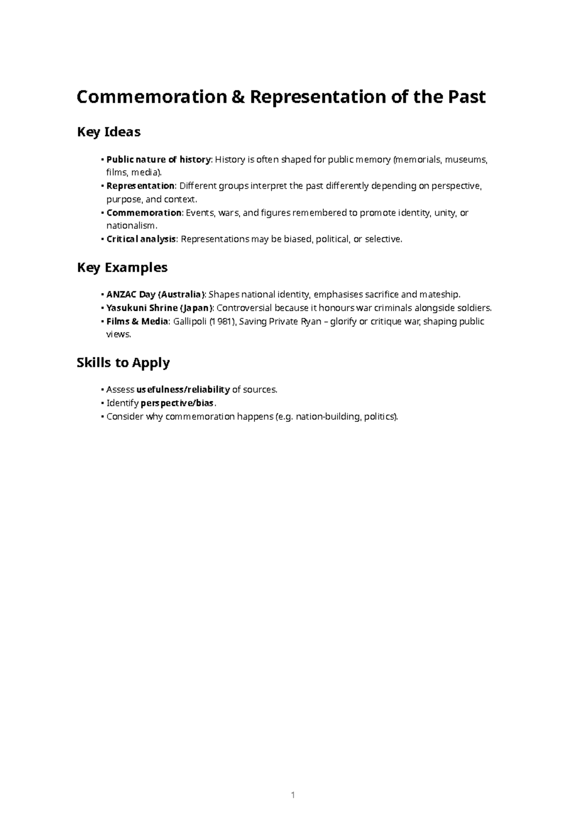Commemoration Notes: Key Ideas on History & Representation - Studocu