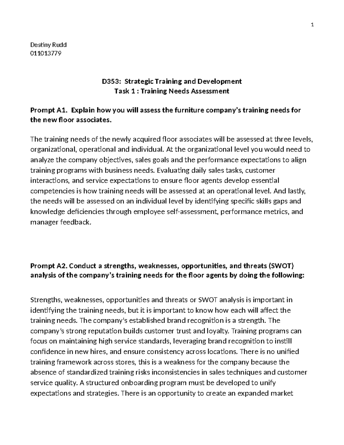 D353: Strategic Training & Development - Training Needs Assessment ...