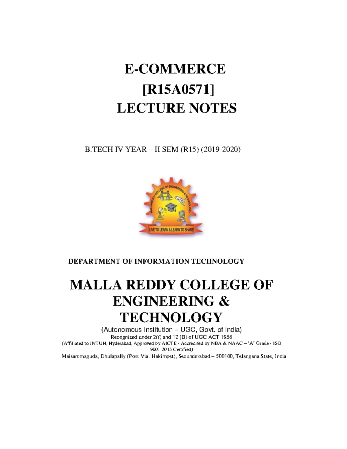 E-COMMERCE LECTURE NOTES IT.B.TECH IV YEAR II SEM (R15A0571) - Studocu