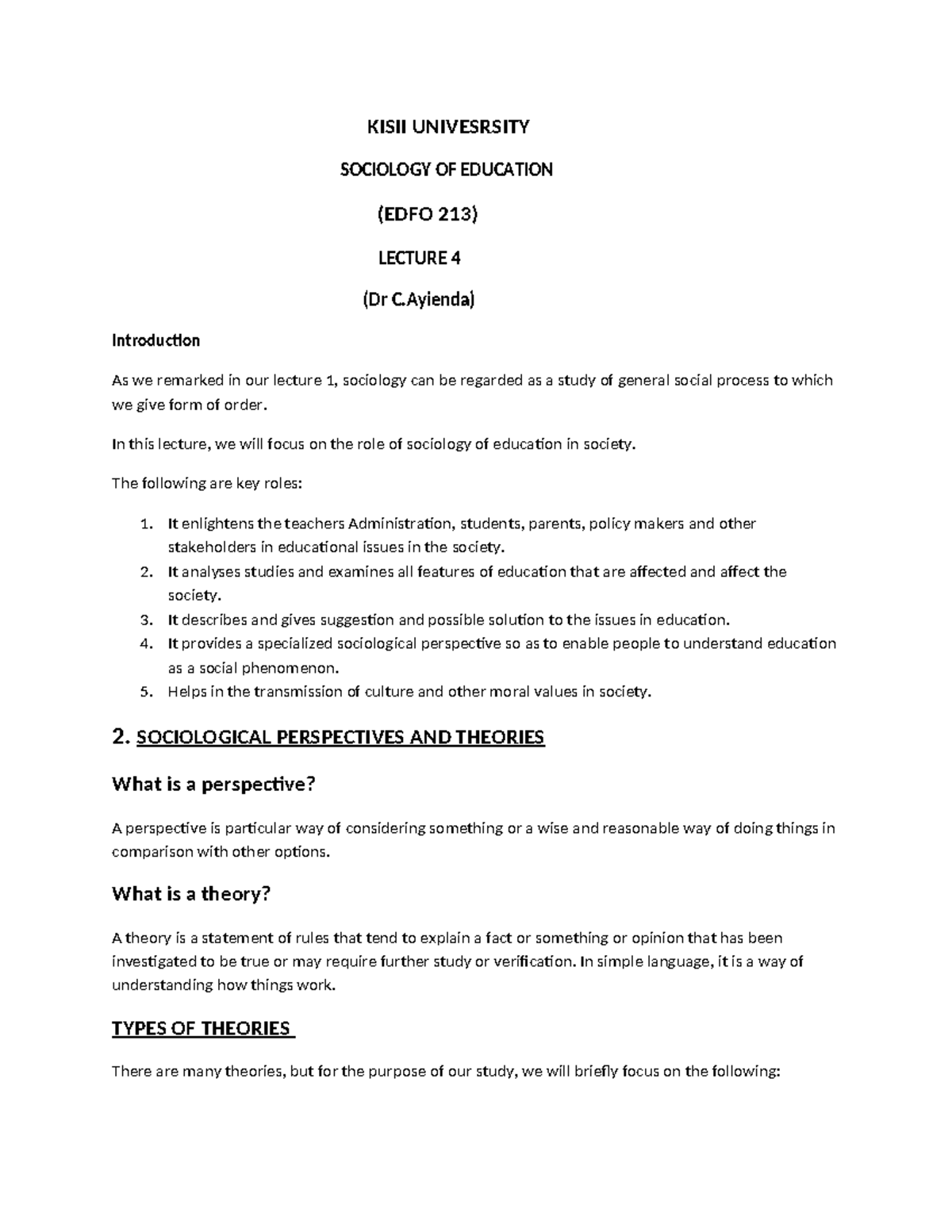 Sociology of Education Lecture 4 (EDFO 213) - Key Roles & Theories ...