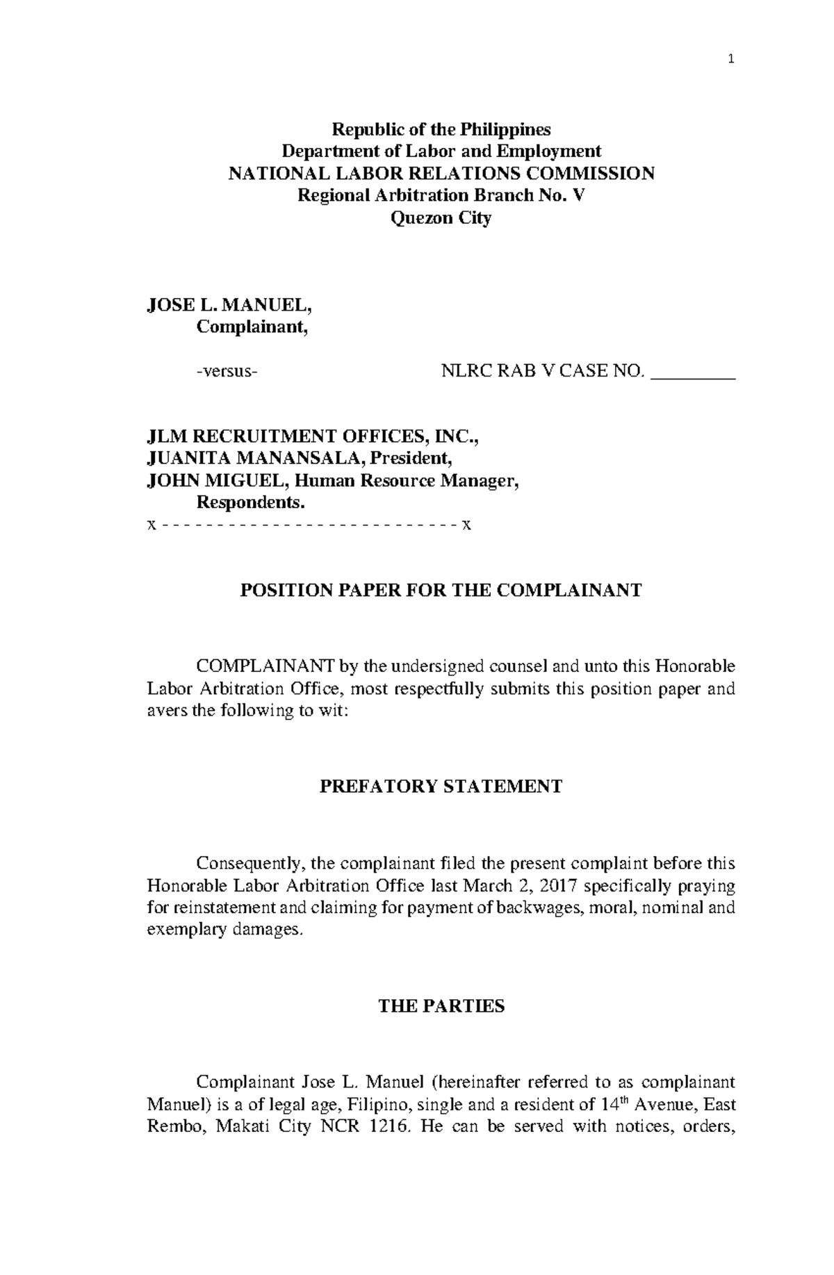 PUP Law 101: Position Paper on Constructive Dismissal Case - Studocu
