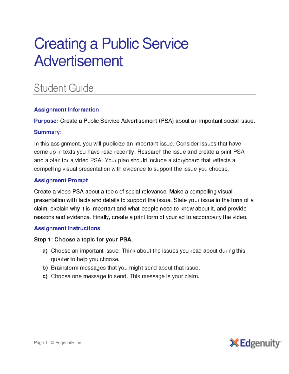Creating a PSA: Student Guide for Social Issue Assignment - Studocu
